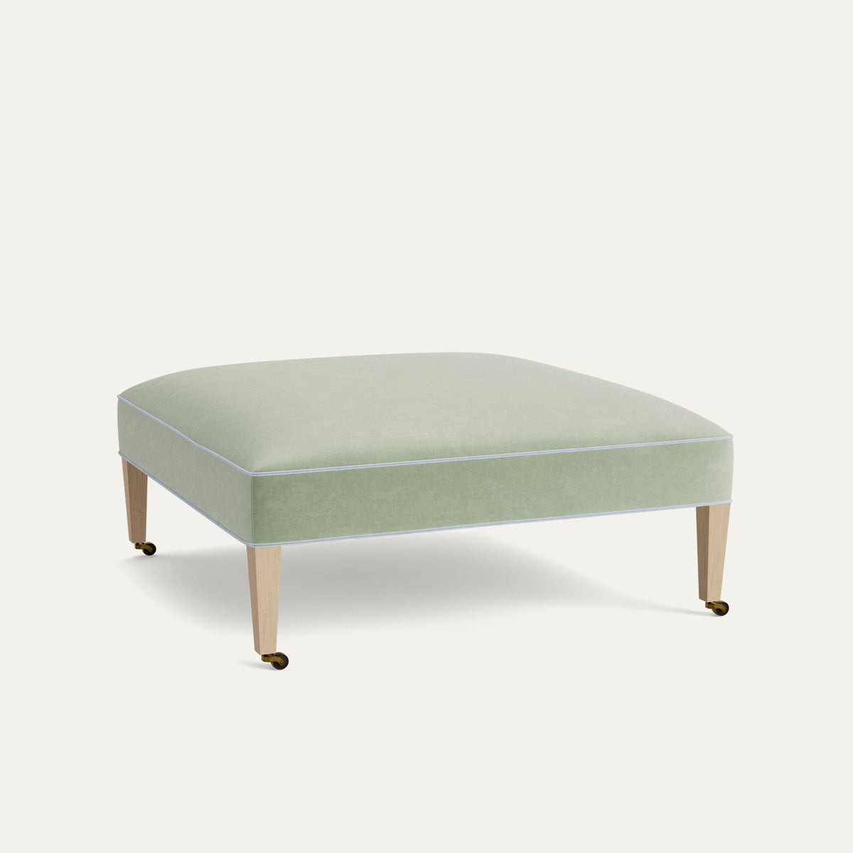 FEATURED: Shown in 44" Square / Flat / Tapered Leg / Almond / Sky Velvet Welt