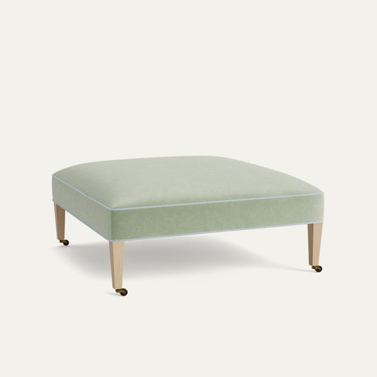 FEATURED: Shown in 44" Square / Flat / Tapered Leg / Almond / Sky Velvet Welt