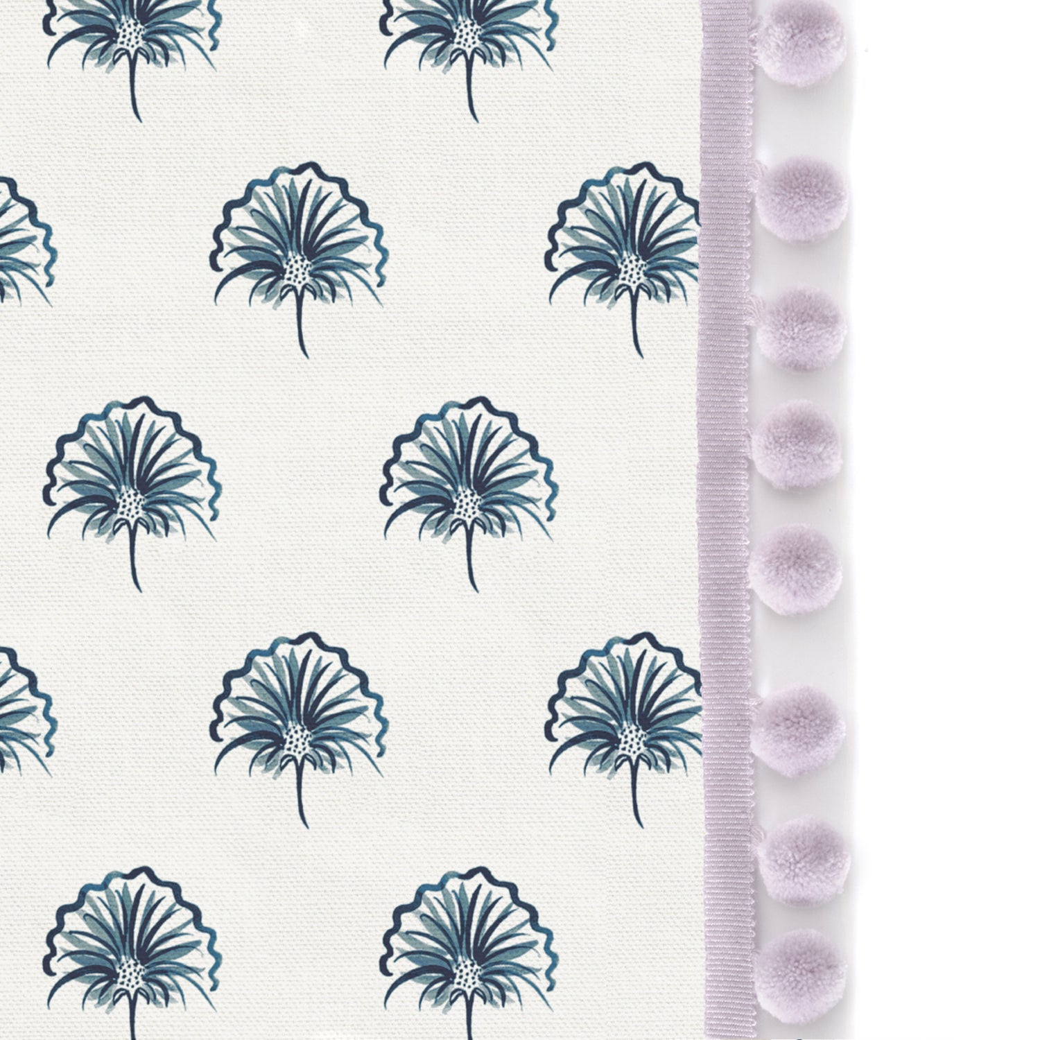 Upclose picture of Penelope Midnight custom Floral Navyshower curtain with lilac pom pom trim