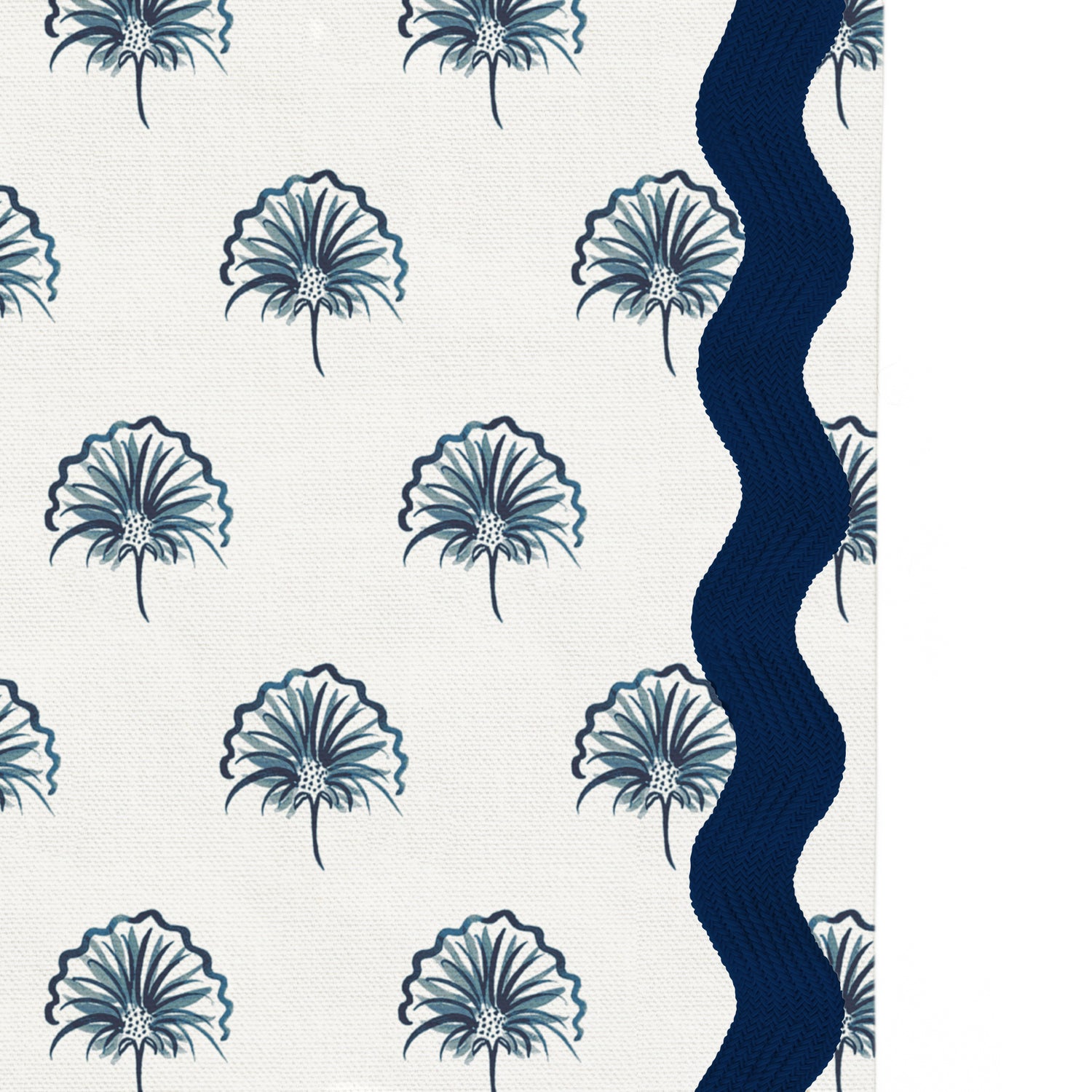 Upclose picture of Penelope Midnight custom shower curtain with midnight rick rack trim