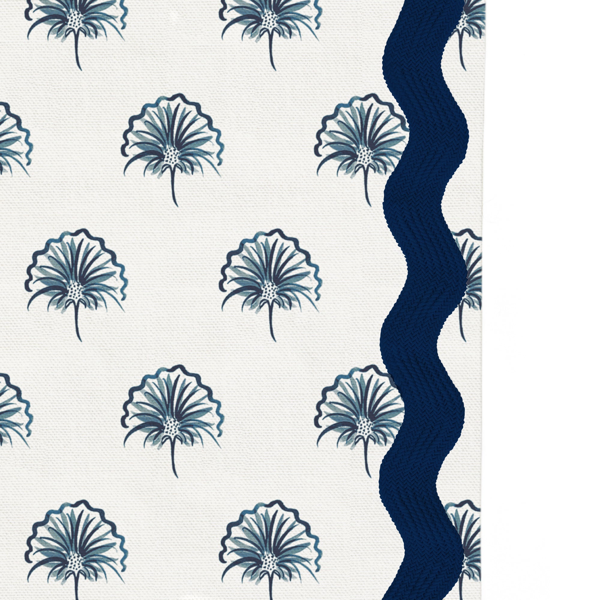 Penelope Midnight Curtain panel featuring a scalloped floral print with custom navy blue wave trim by Pepper Home.