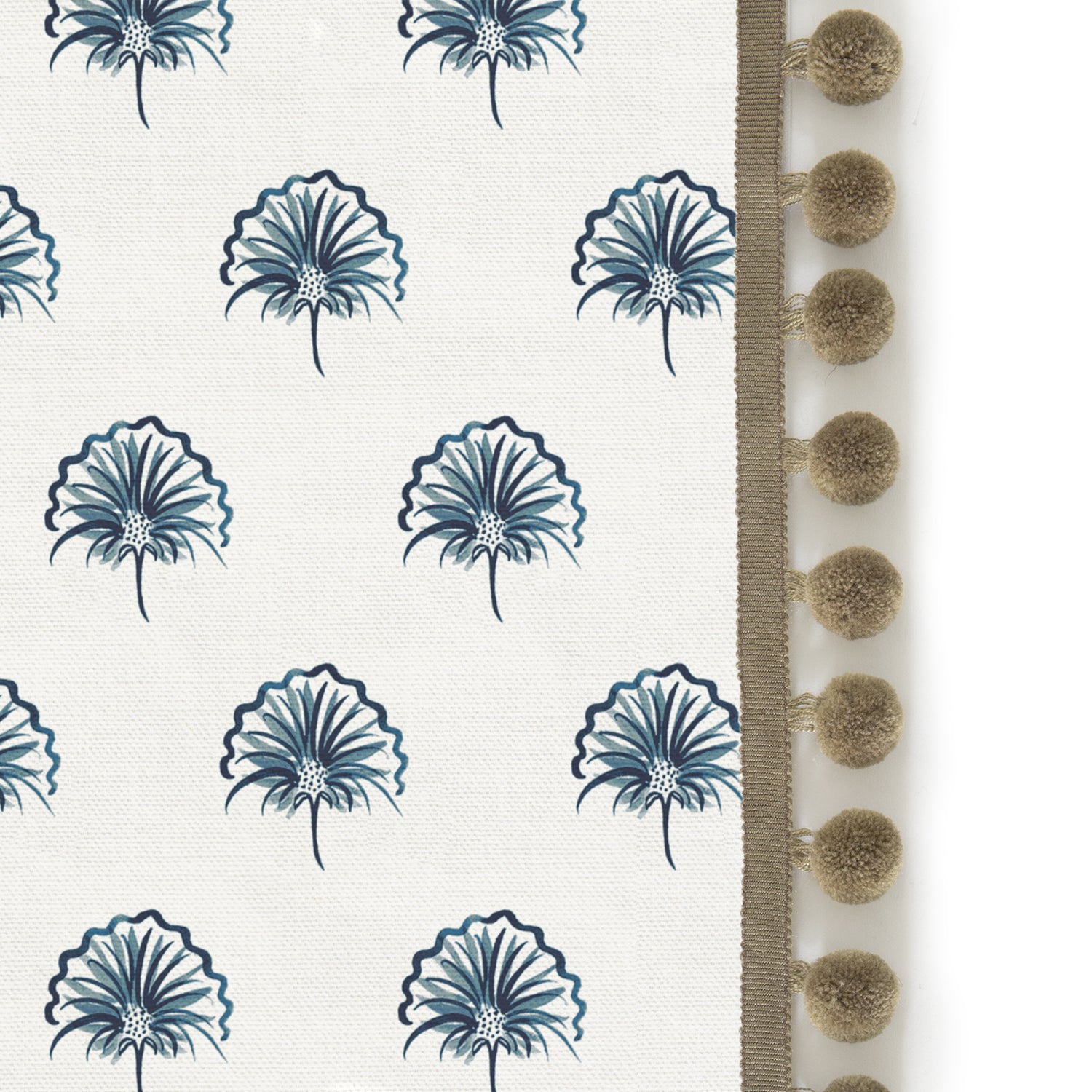 Upclose picture of Penelope Midnight custom Floral Navyshower curtain with olive pom pom trim