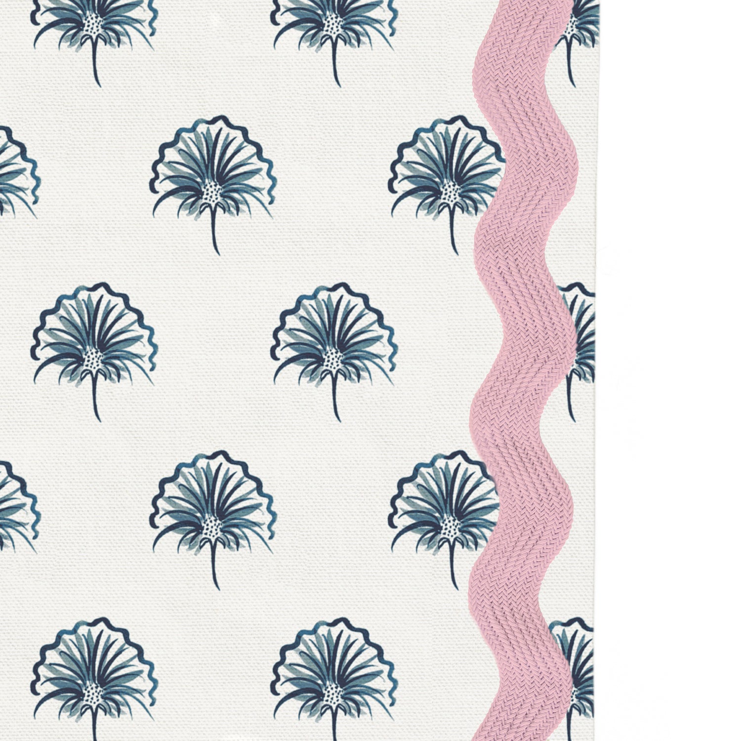 Upclose picture of Penelope Midnight custom Floral Navyshower curtain with peony rick rack trim