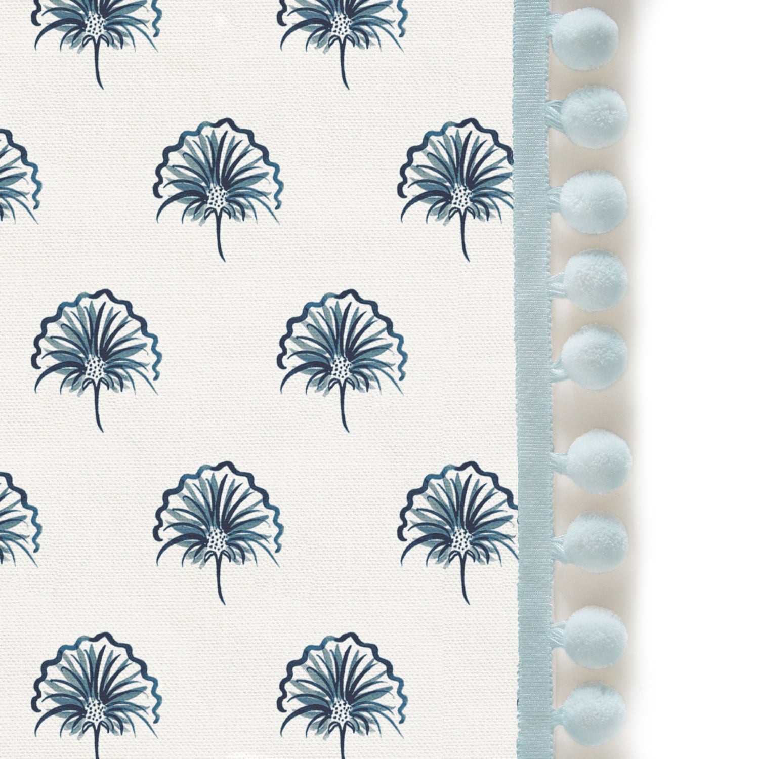 Upclose picture of Penelope Midnight custom Floral Navyshower curtain with powder pom pom trim