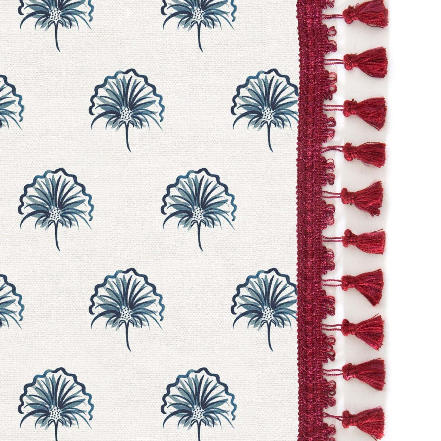 Upclose picture of Penelope Midnight custom Floral Navyshower curtain with midnight raspberry tassel trim