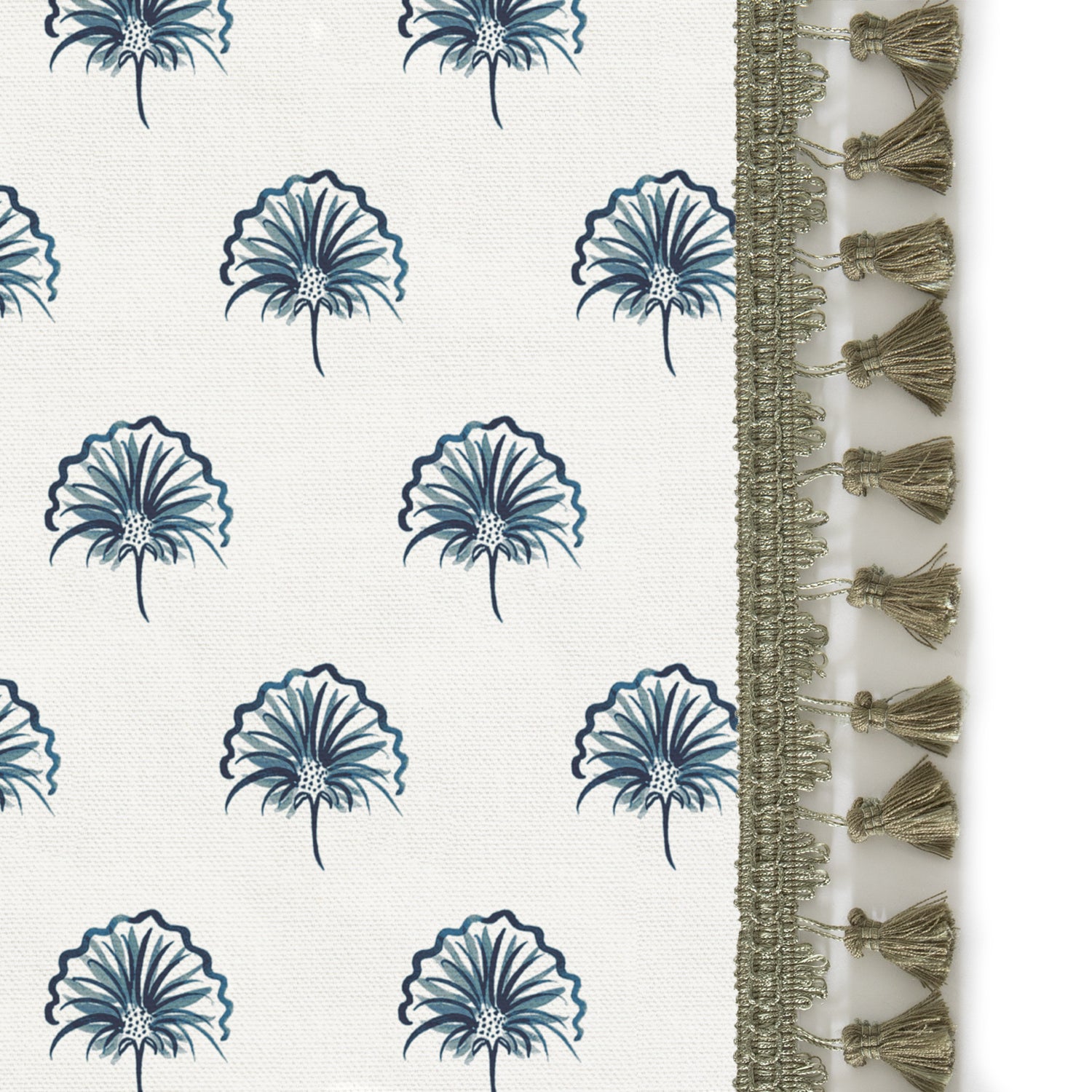 Upclose picture of Penelope Midnight custom Floral Navyshower curtain with sage tassel trim