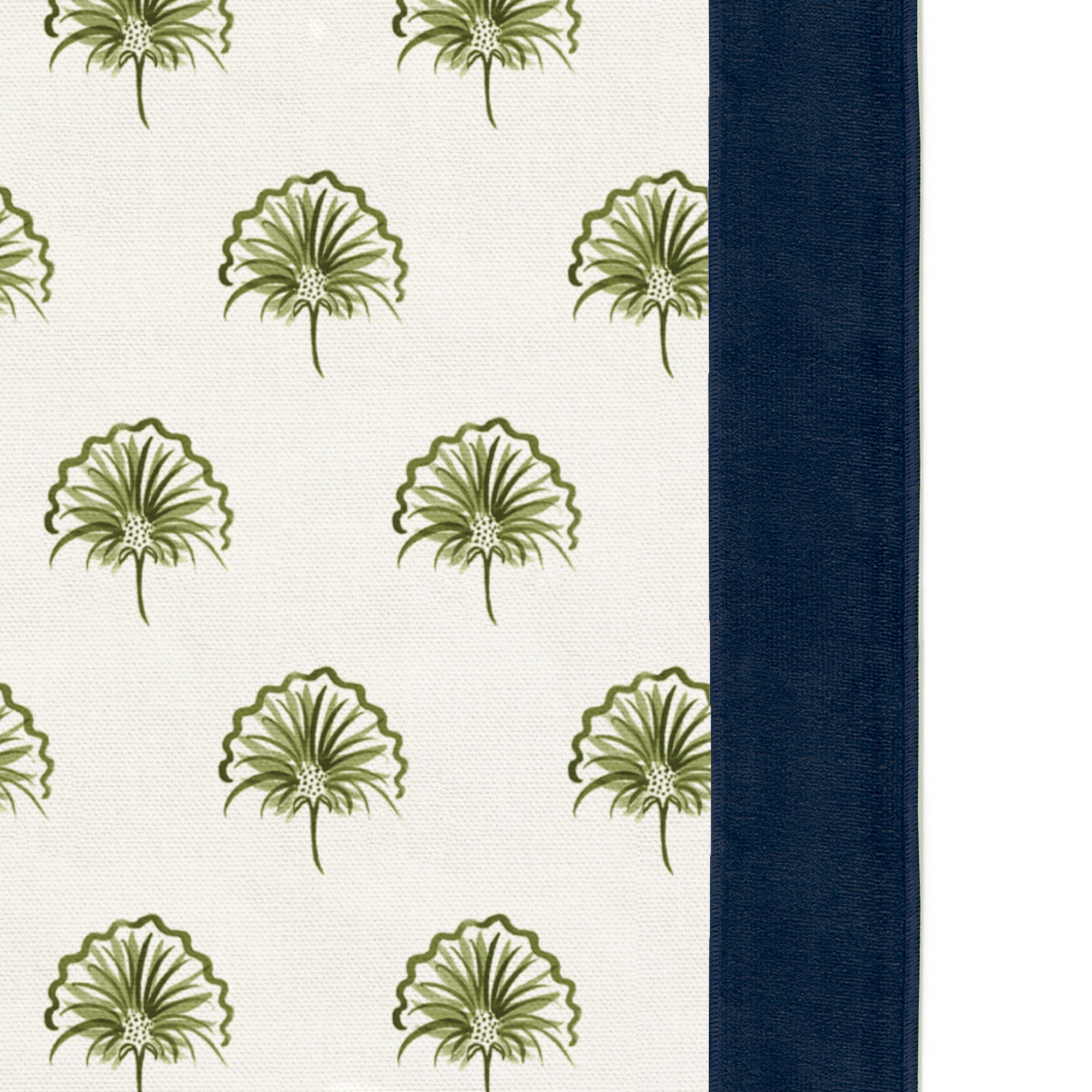 moss green palm curtain with dark blue velvet band