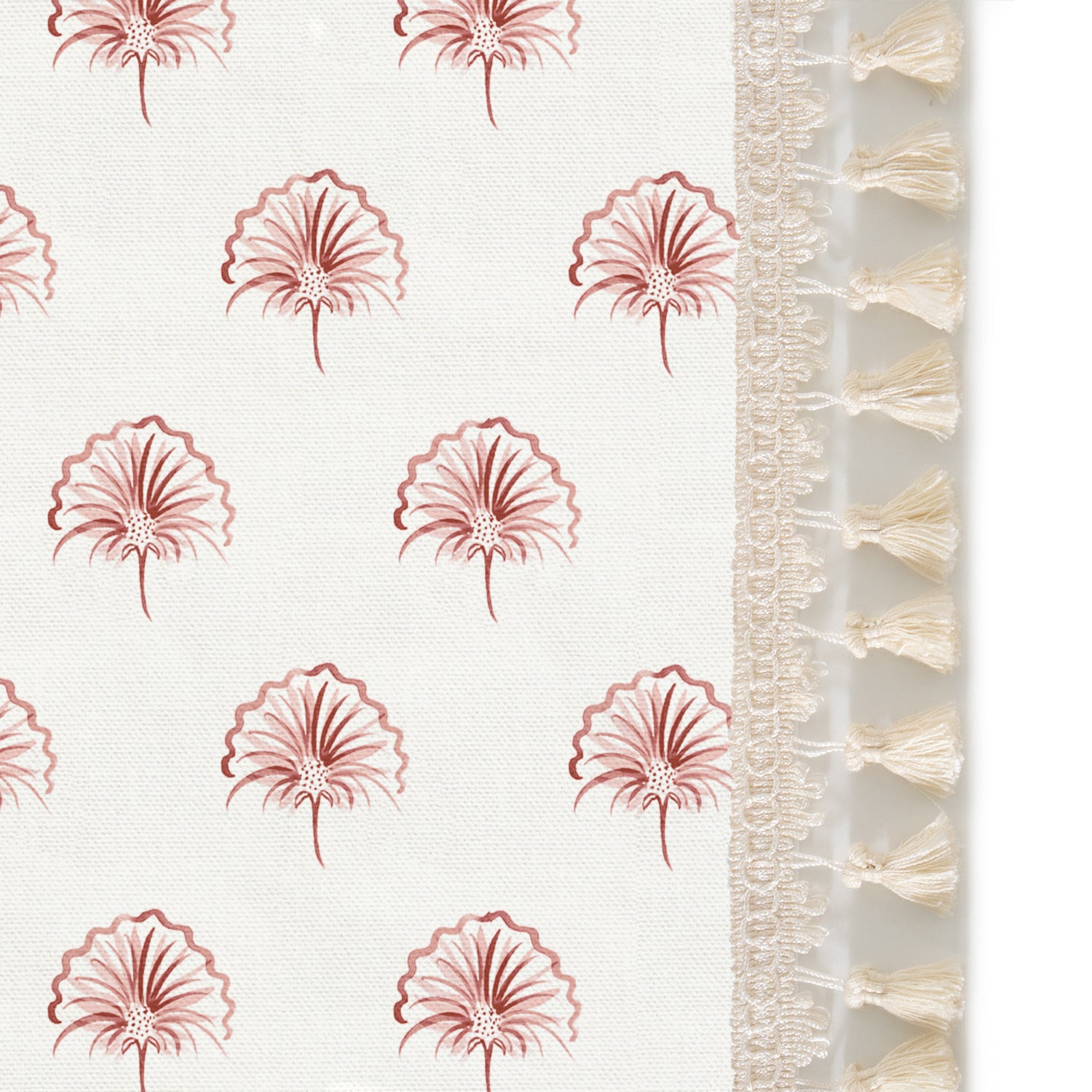 Upclose picture of Penelope Rose Ring Top custom curtain with cream tassel trim