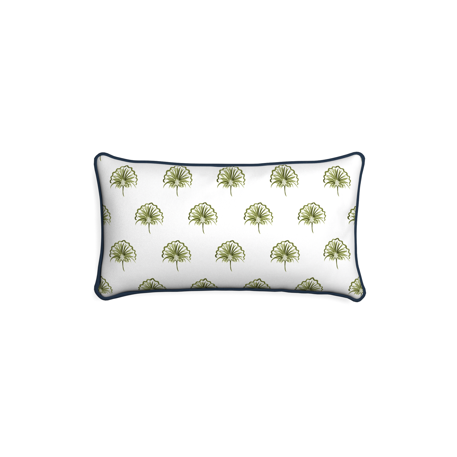 Petite-lumbar penelope moss custom green floralpillow with c piping on white background