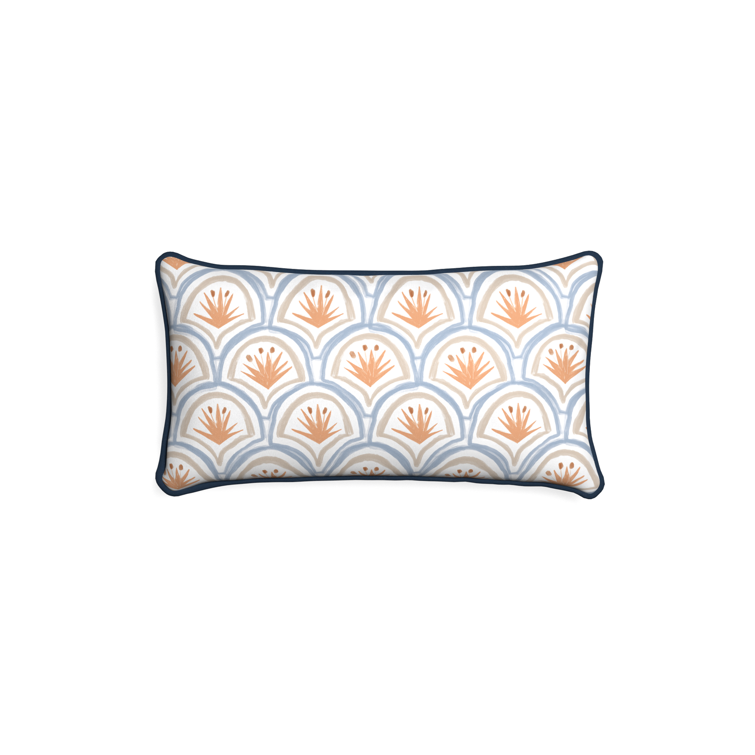 Petite-lumbar thatcher apricot custom art deco palm patternpillow with c piping on white background