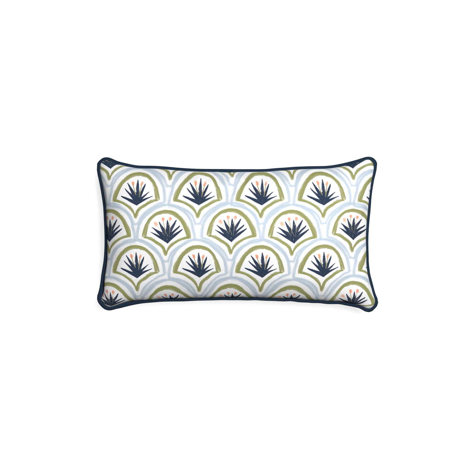 Petite-lumbar thatcher midnight custom art deco palm patternpillow with c piping on white background