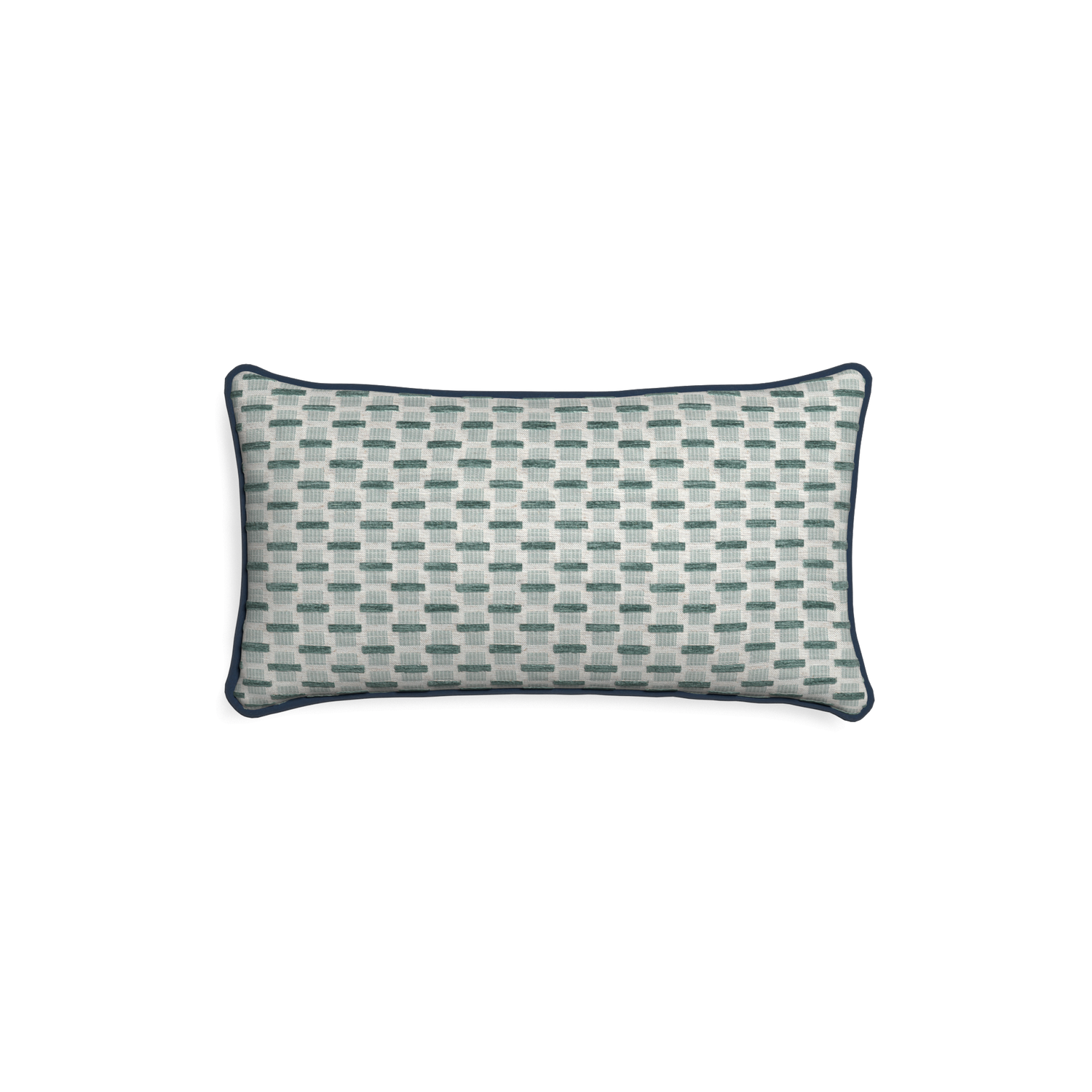 Petite-lumbar willow mint custom green geometric chenillepillow with c piping on white background