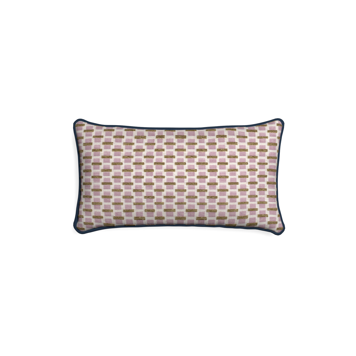 Petite-lumbar willow orchid custom pink geometric chenillepillow with c piping on white background