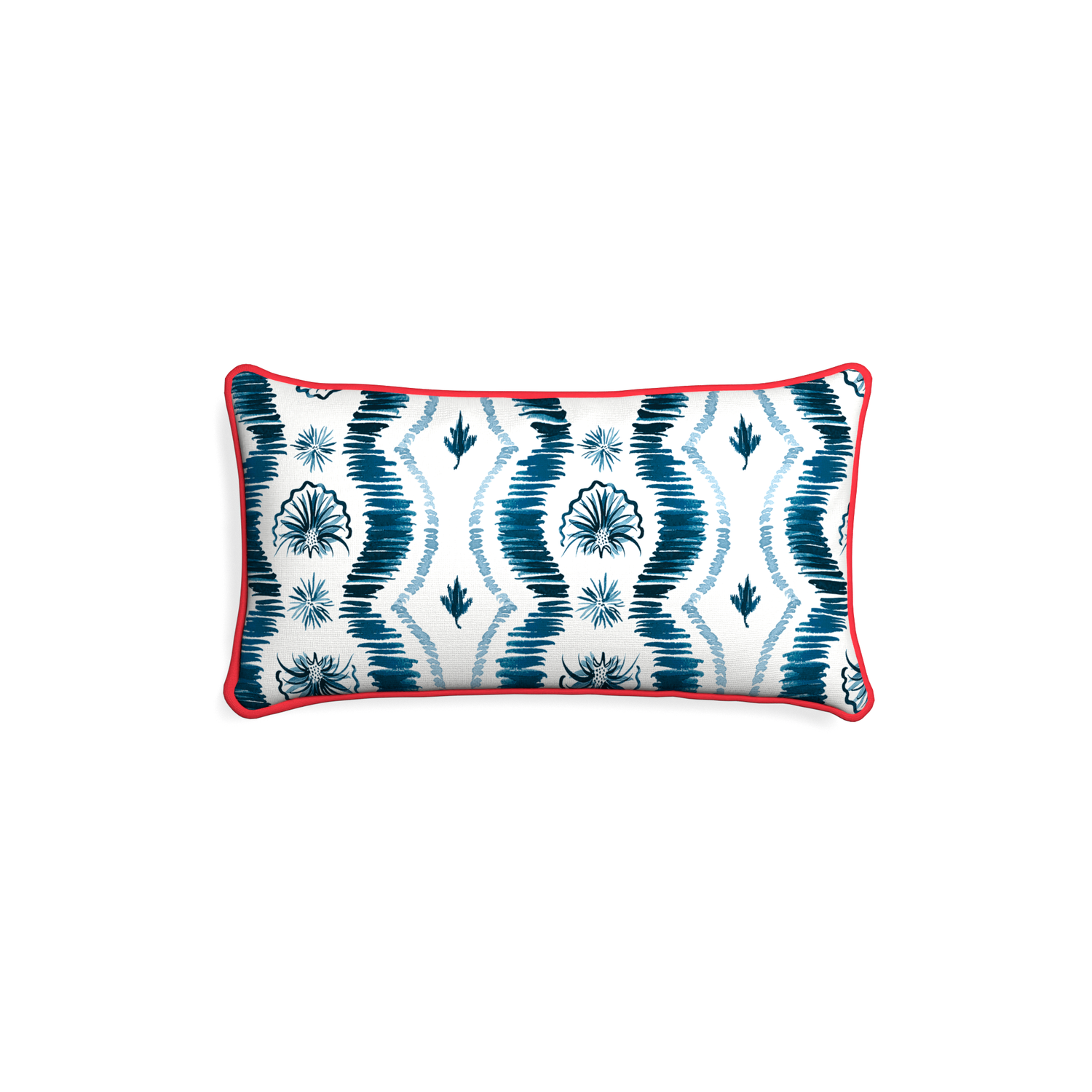 Petite-lumbar alice custom blue ikatpillow with cherry piping on white background