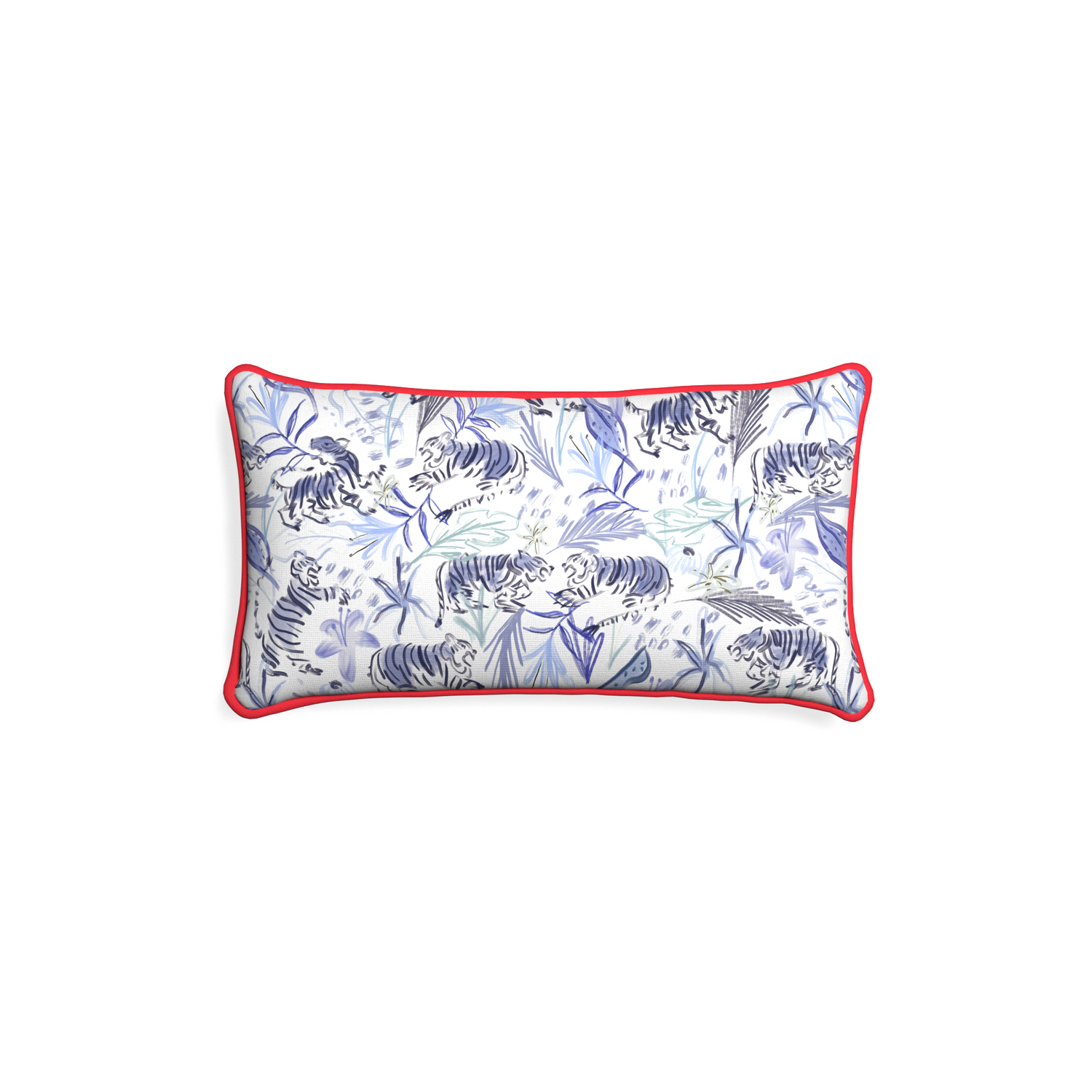 Petite-lumbar frida blue custom blue with intricate tiger designpillow with cherry piping on white background