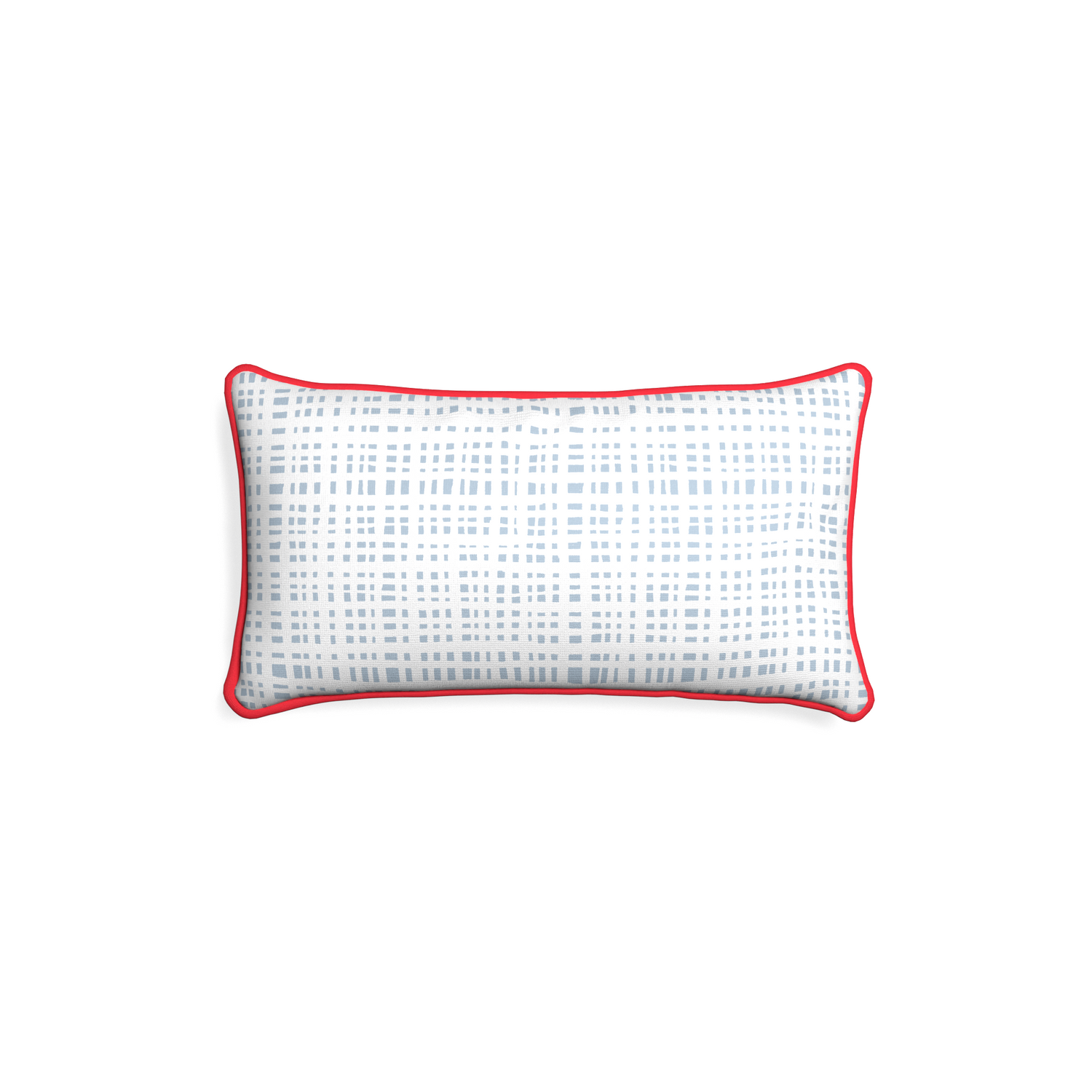 Petite-lumbar ginger custom plaid sky bluepillow with cherry piping on white background