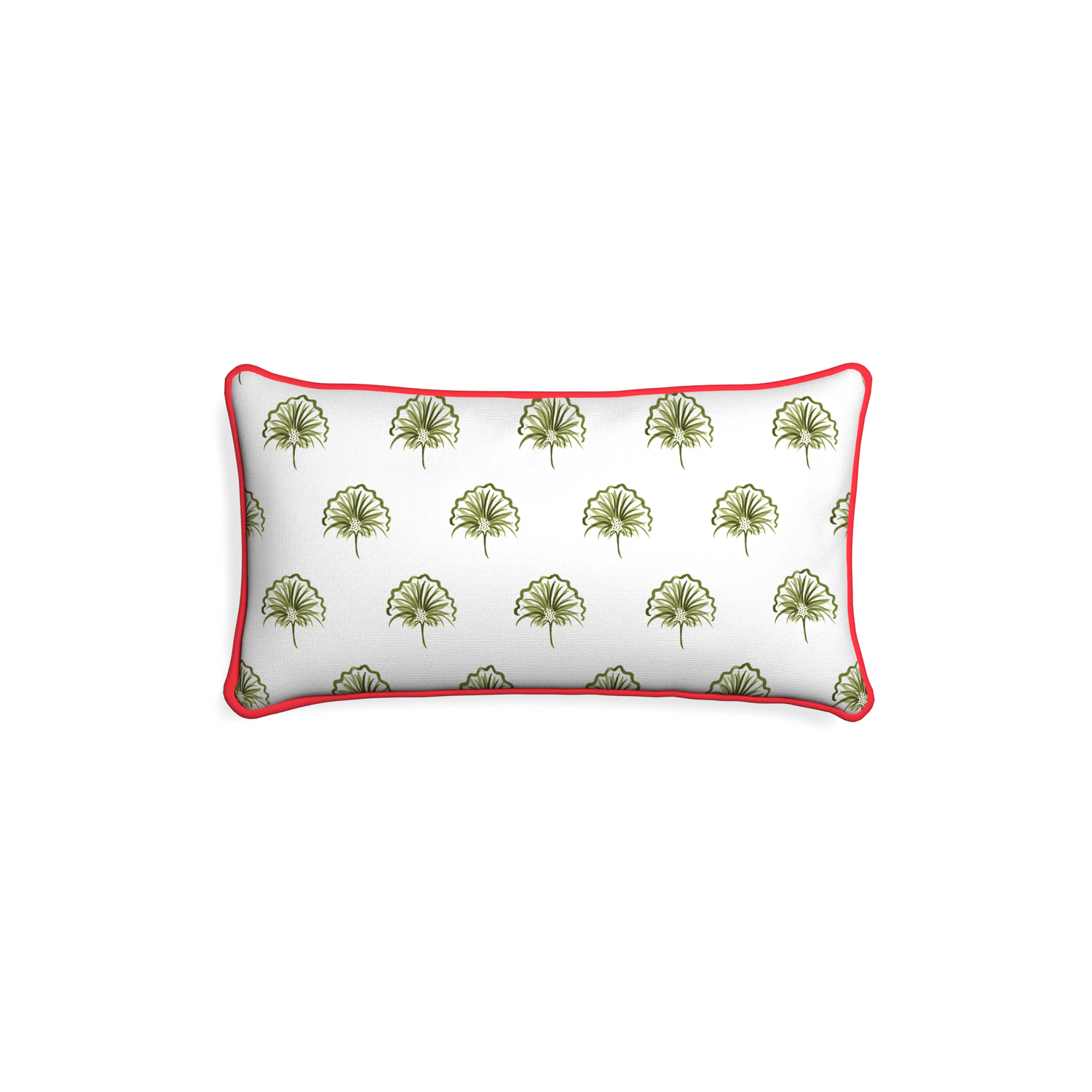 Petite-lumbar penelope moss custom green floralpillow with cherry piping on white background