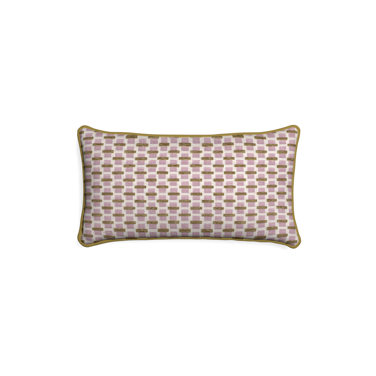 Petite-lumbar willow orchid custom pink geometric chenillepillow with c piping on white background