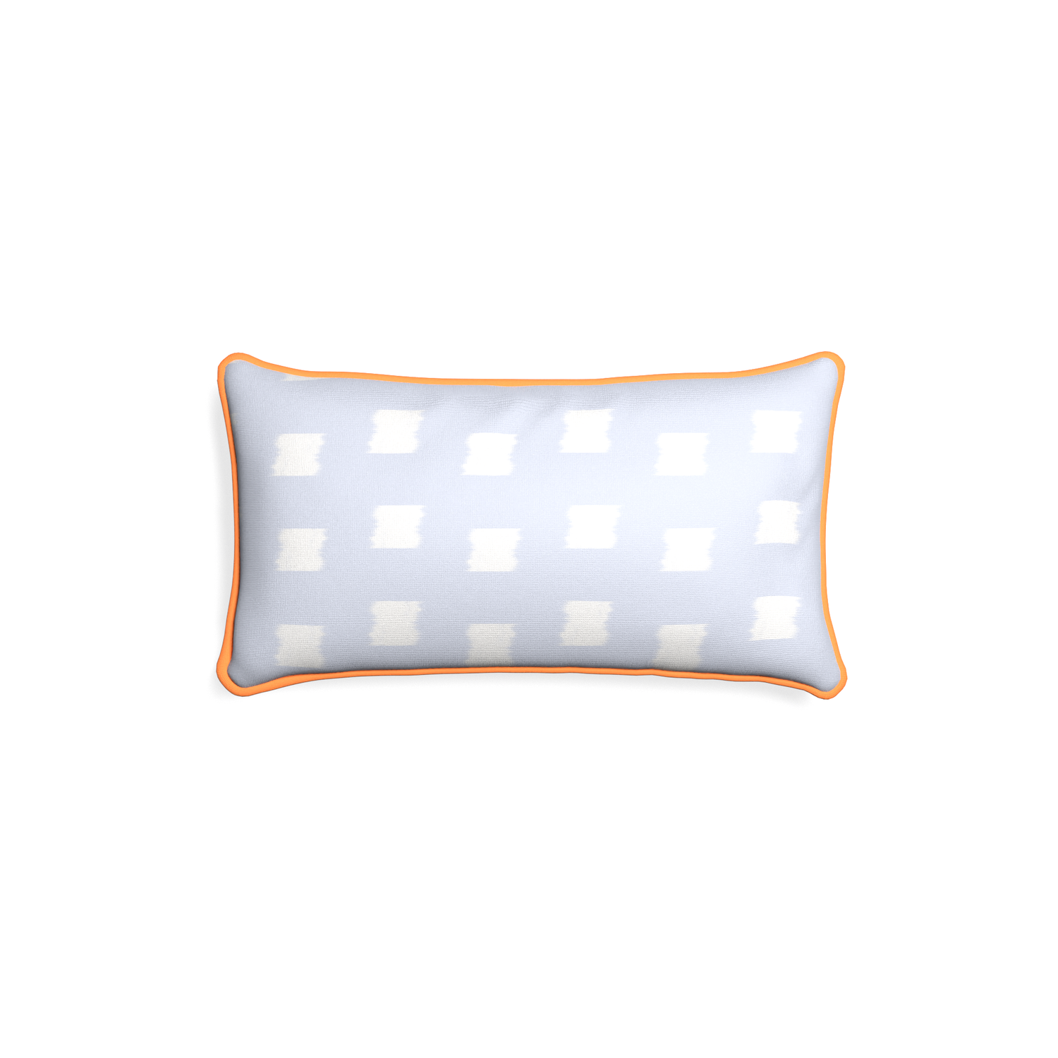 Petite-lumbar denton custom sky blue patternpillow with clementine piping on white background