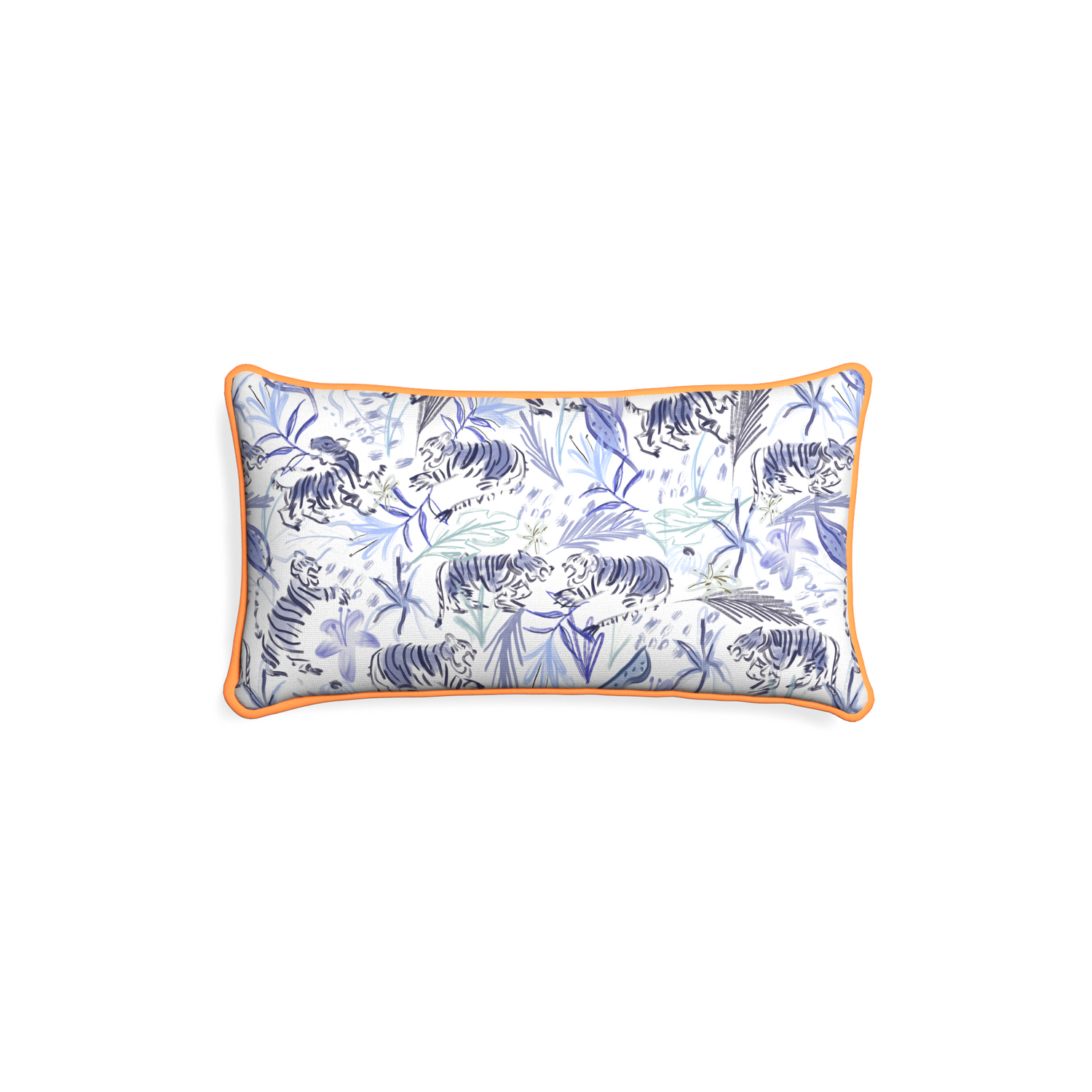 Petite-lumbar frida blue custom blue with intricate tiger designpillow with clementine piping on white background