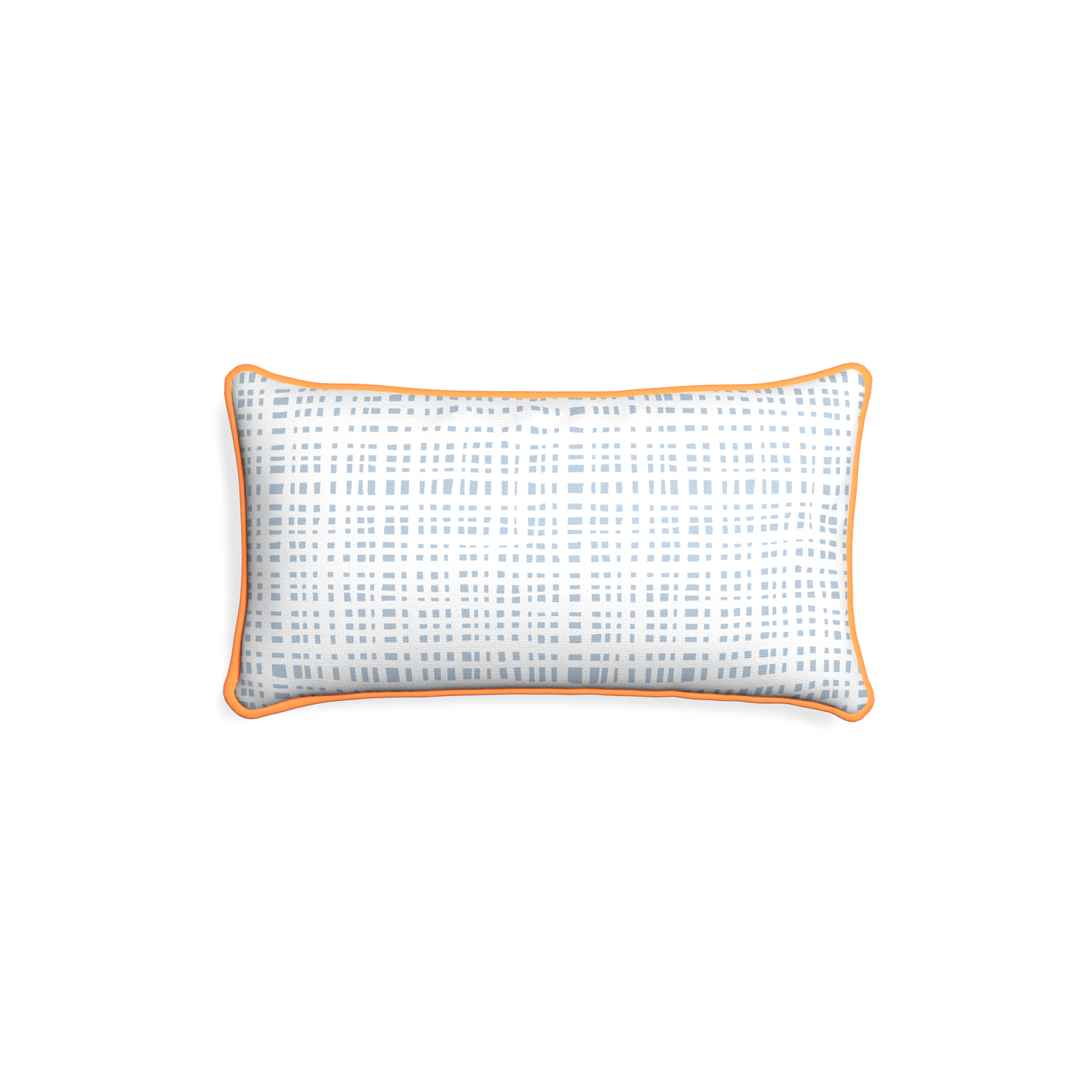 Petite-lumbar ginger custom plaid sky bluepillow with clementine piping on white background