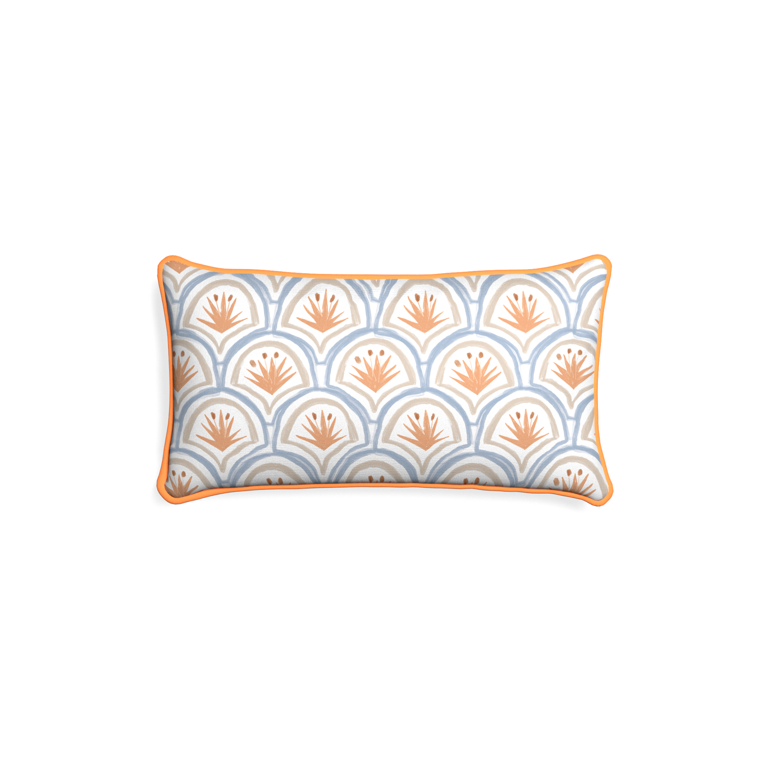 Petite-lumbar thatcher apricot custom art deco palm patternpillow with clementine piping on white background