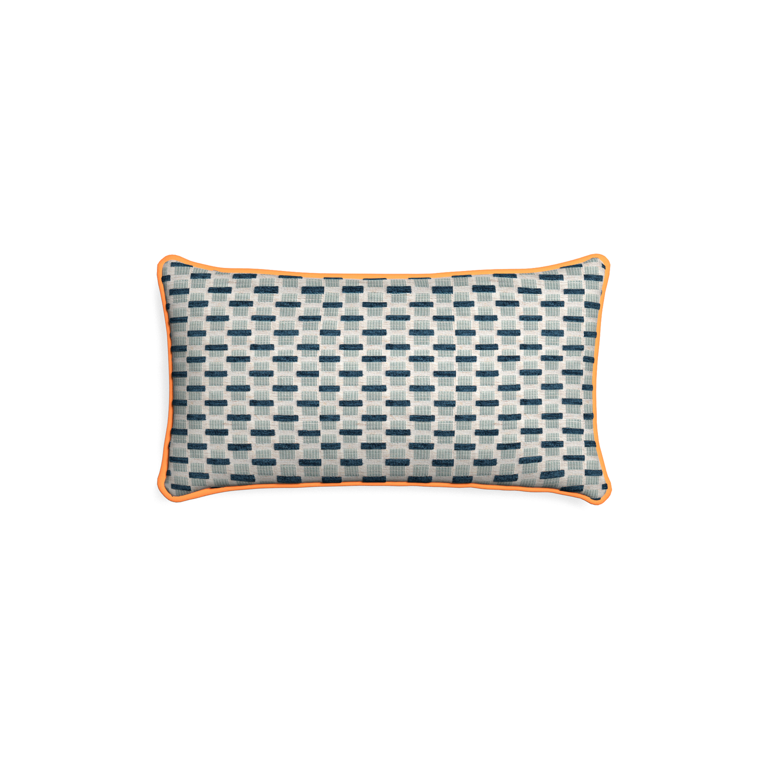 Petite-lumbar willow amalfi custom blue geometric chenillepillow with clementine piping on white background