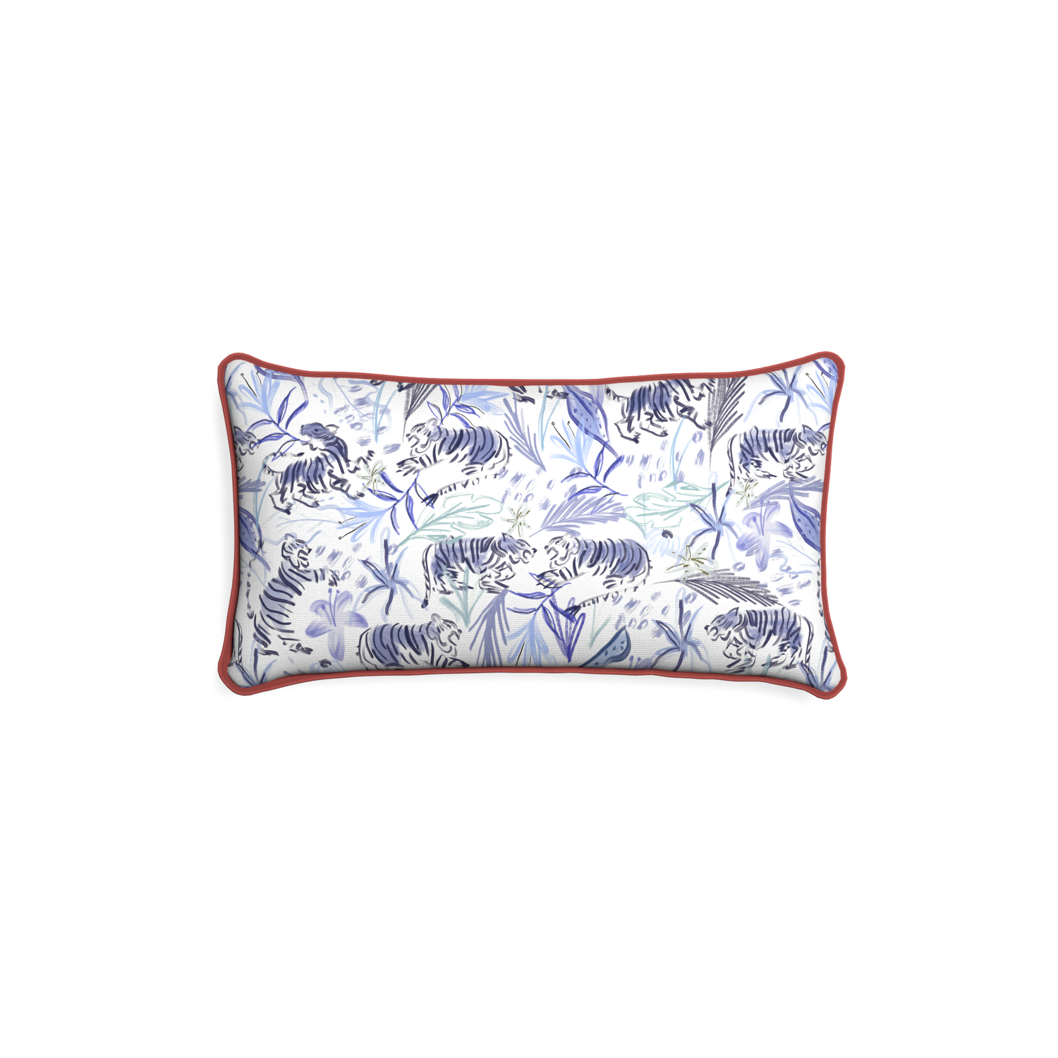 Petite-lumbar frida blue custom blue with intricate tiger designpillow with c piping on white background