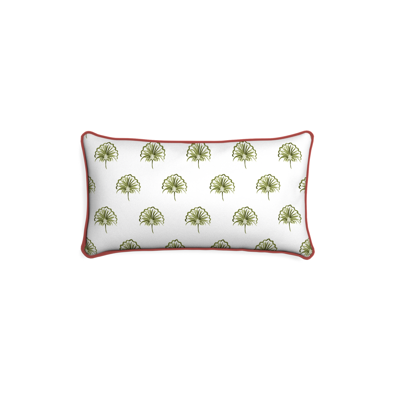 Petite-lumbar penelope moss custom green floralpillow with c piping on white background