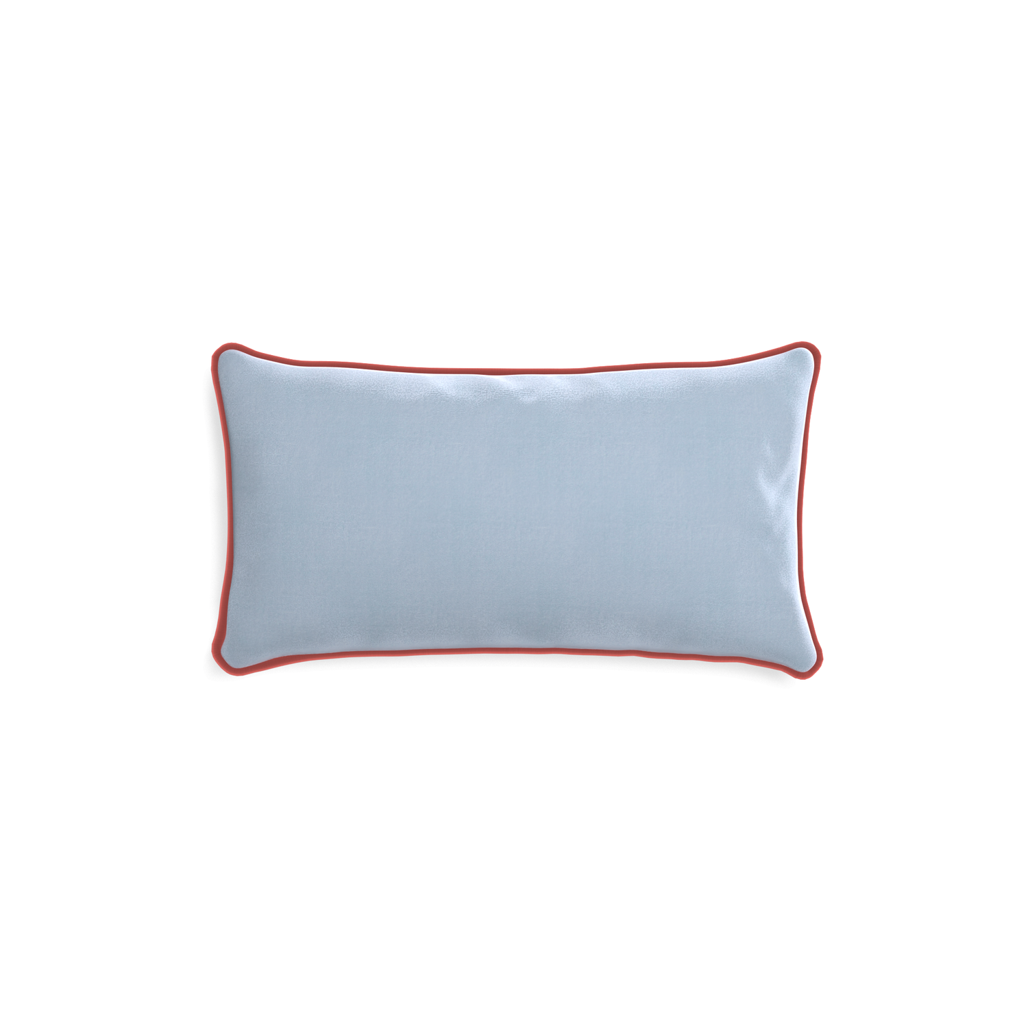 rectangle light blue velvet pillow with coral piping
