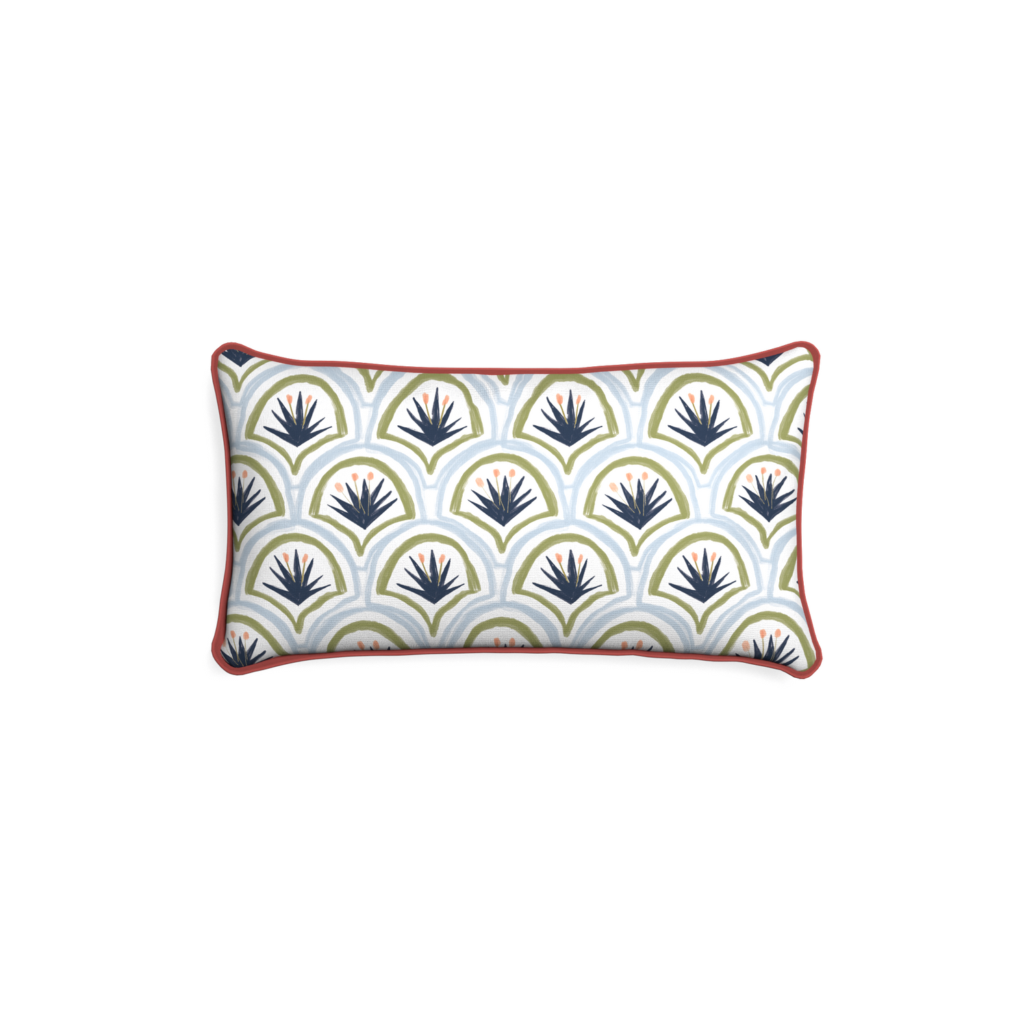 Petite-lumbar thatcher midnight custom art deco palm patternpillow with c piping on white background