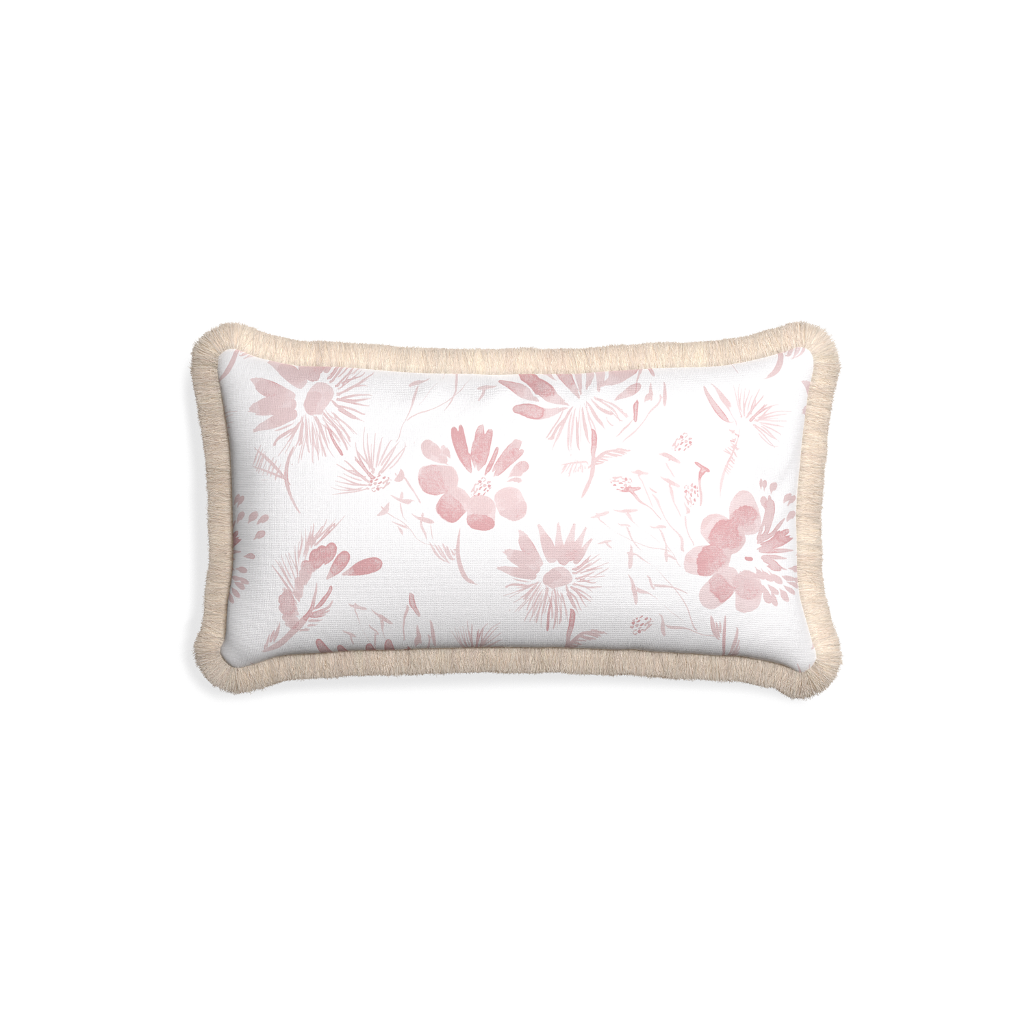 Petite-lumbar blake custom pink floralpillow with cream fringe on white background