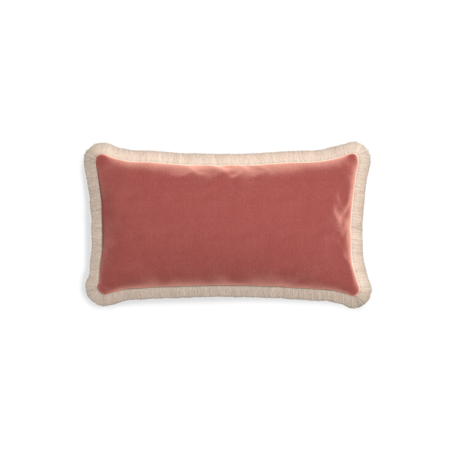 rectangle coral velvet pillow with cream fringe