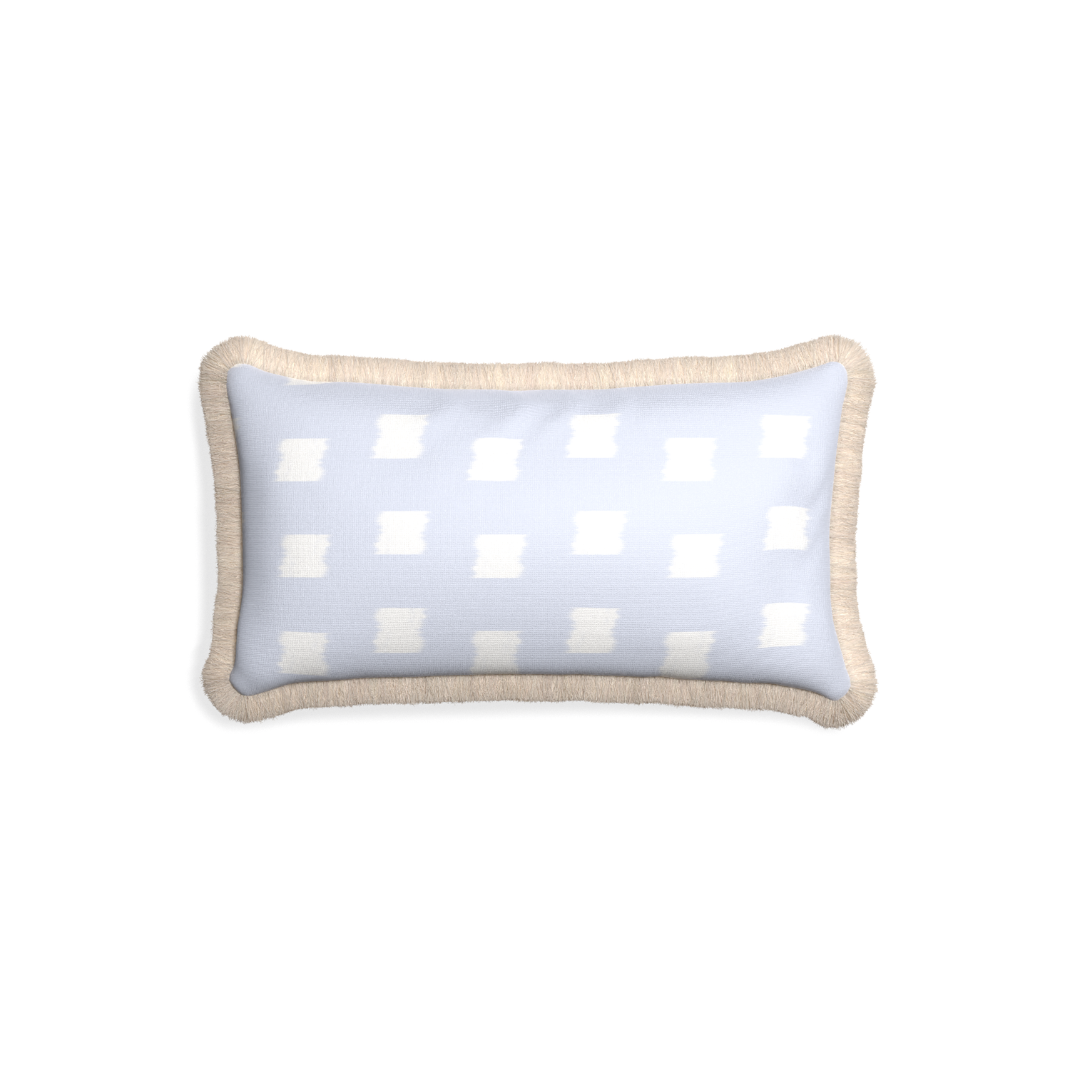 Petite-lumbar denton custom sky blue patternpillow with cream fringe on white background