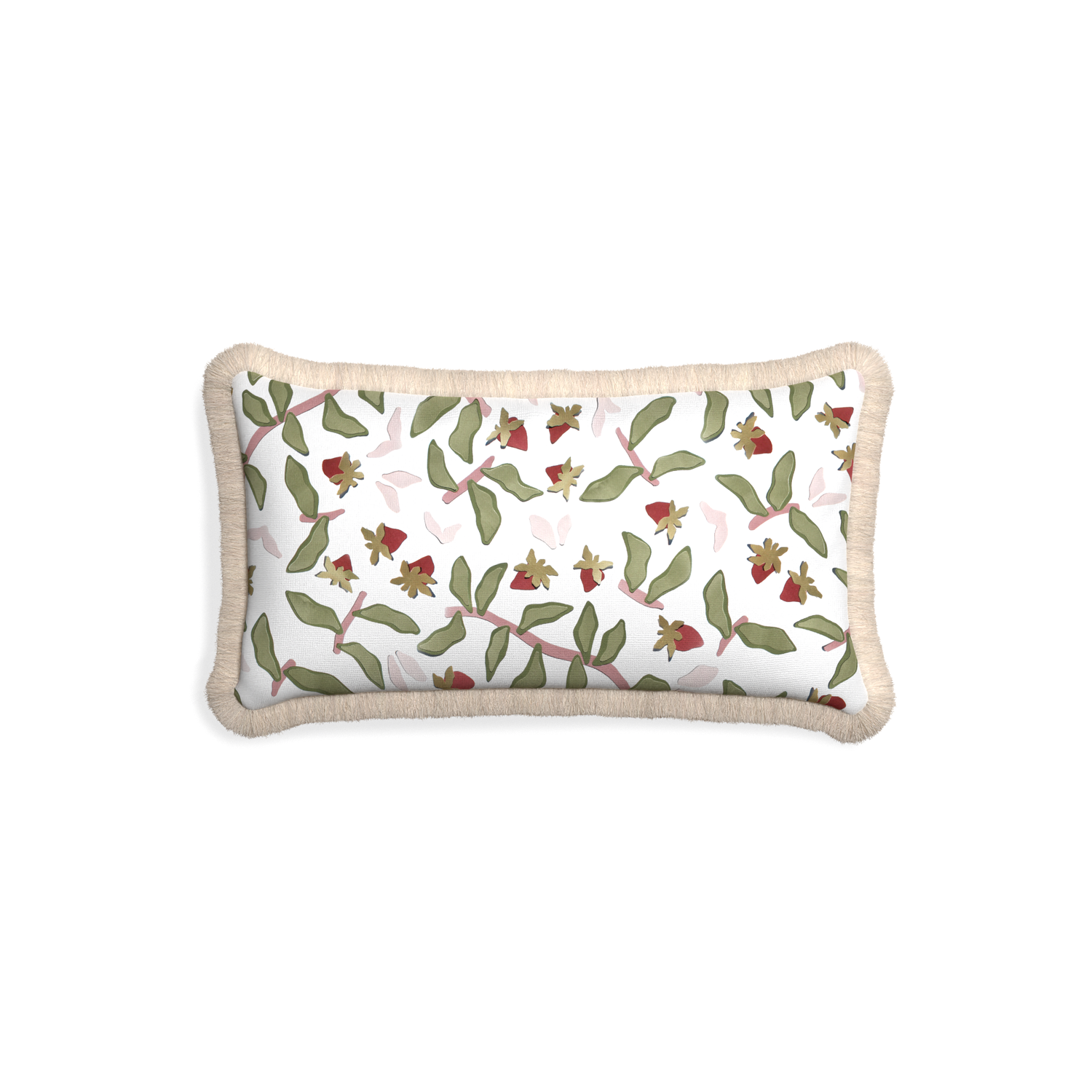 Petite-lumbar nellie custom strawberry & botanicalpillow with cream fringe on white background