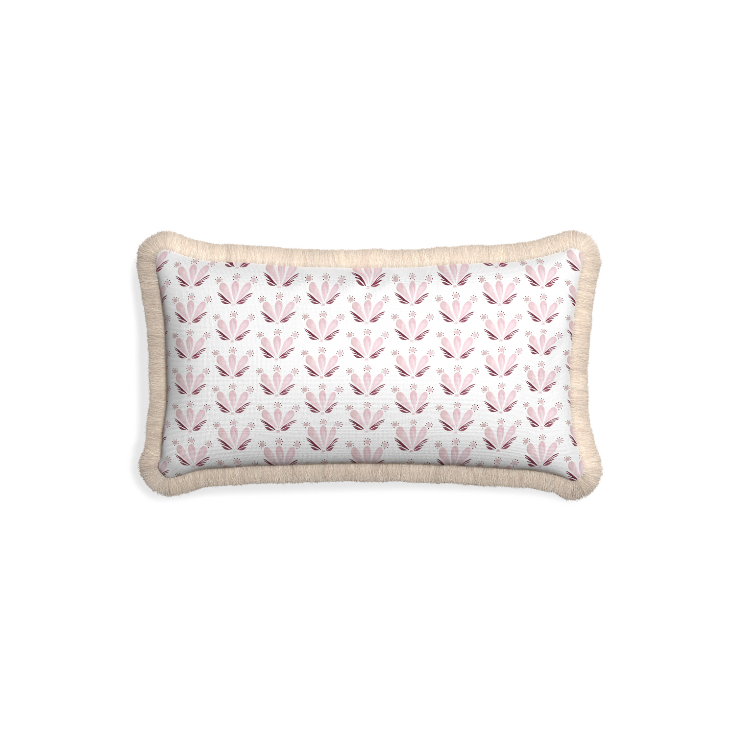 Petite-lumbar serena pink custom pink & burgundy drop repeat floralpillow with cream fringe on white background