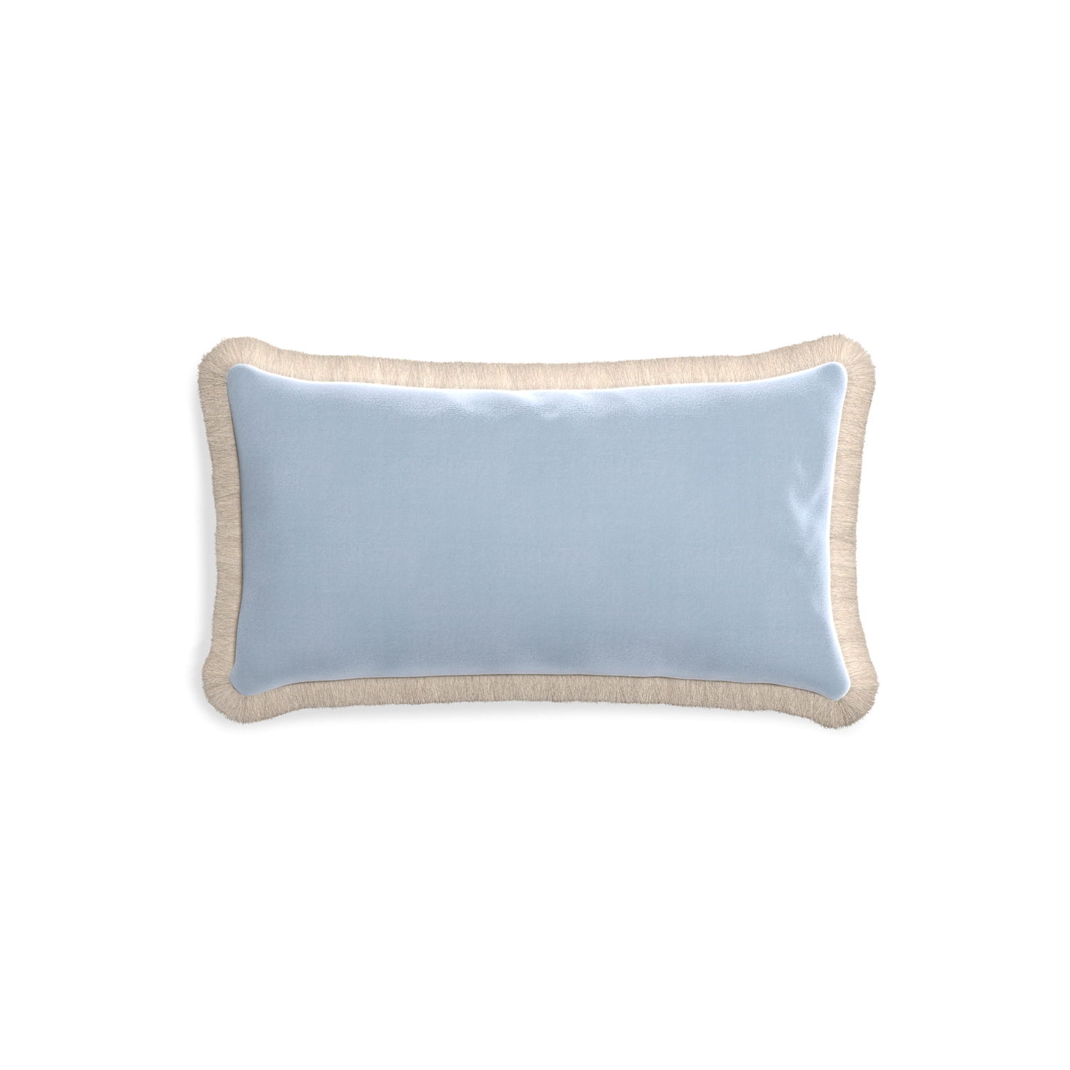 rectangle light blue velvet pillow with cream fringe 