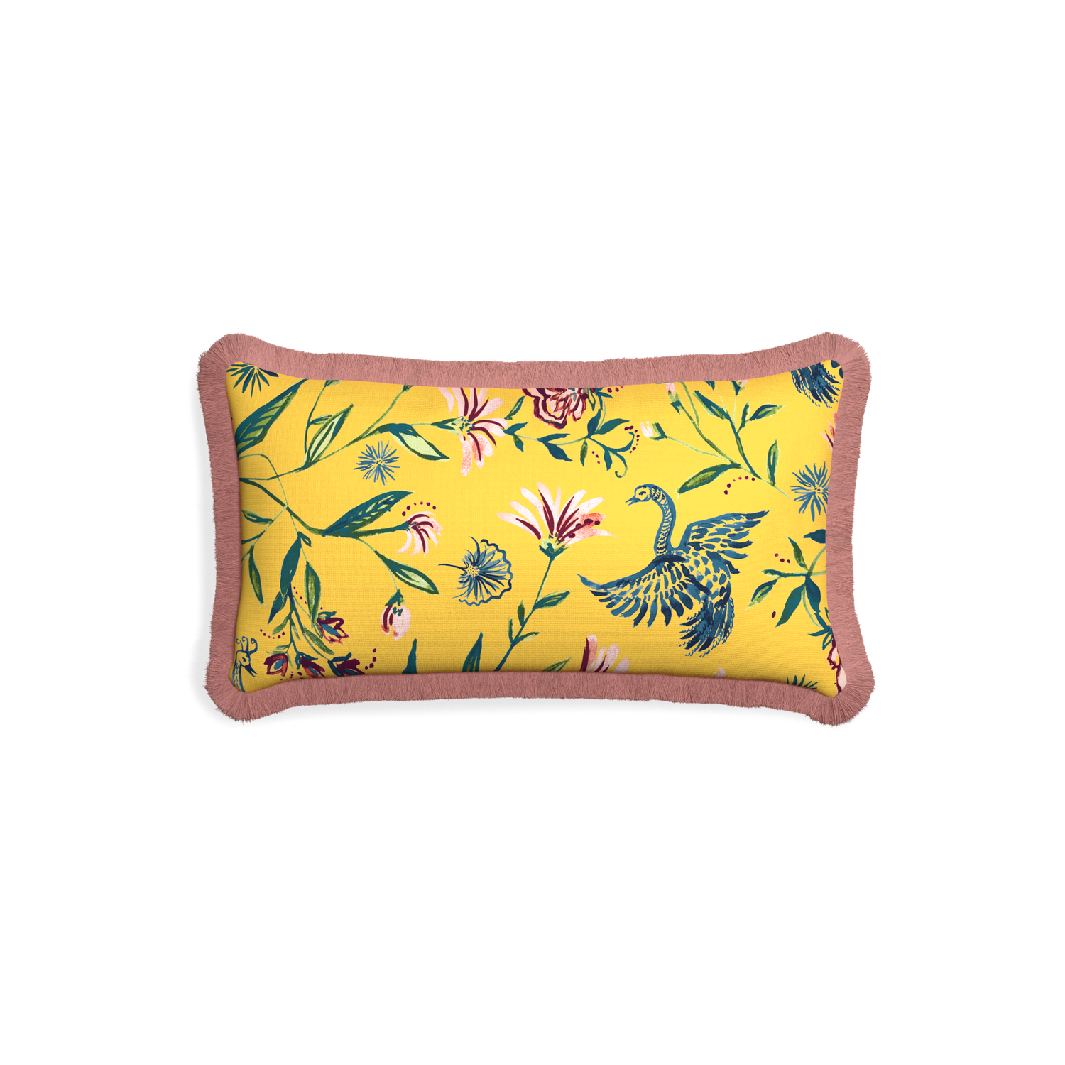 Petite-lumbar daphne canary custom yellow chinoiseriepillow with d fringe on white background