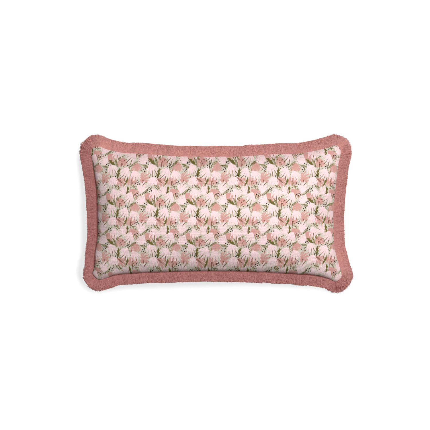 Petite-lumbar eden pink custom pink floralpillow with d fringe on white background