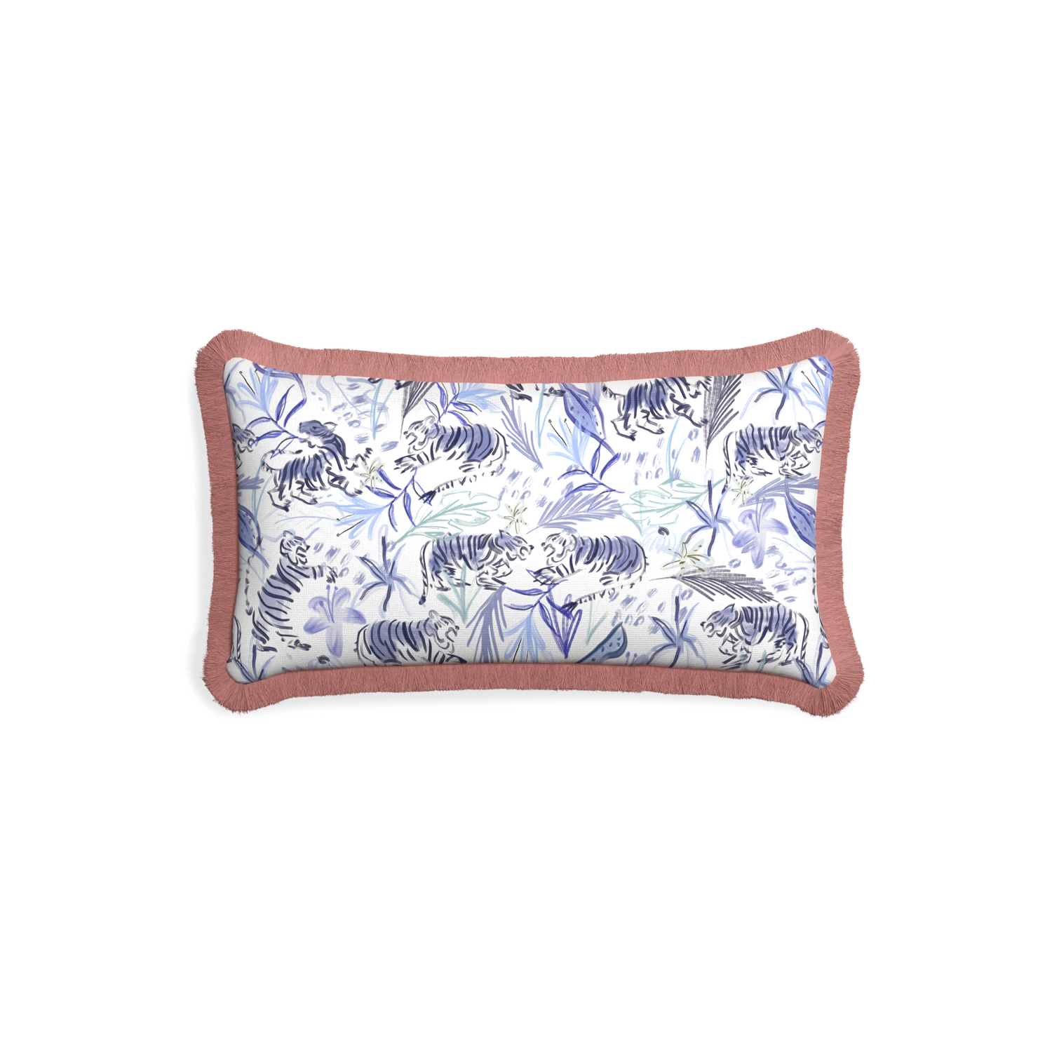 Petite-lumbar frida blue custom blue with intricate tiger designpillow with d fringe on white background
