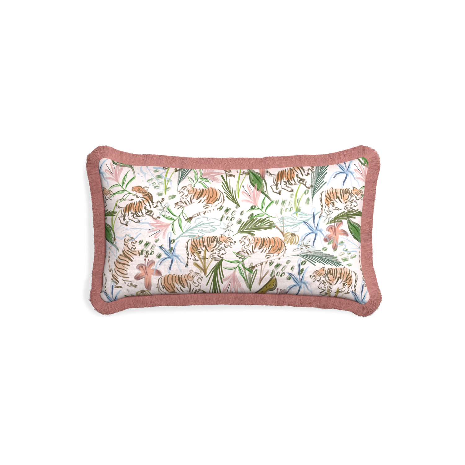 Petite-lumbar frida pink custom pink chinoiserie tigerpillow with d fringe on white background