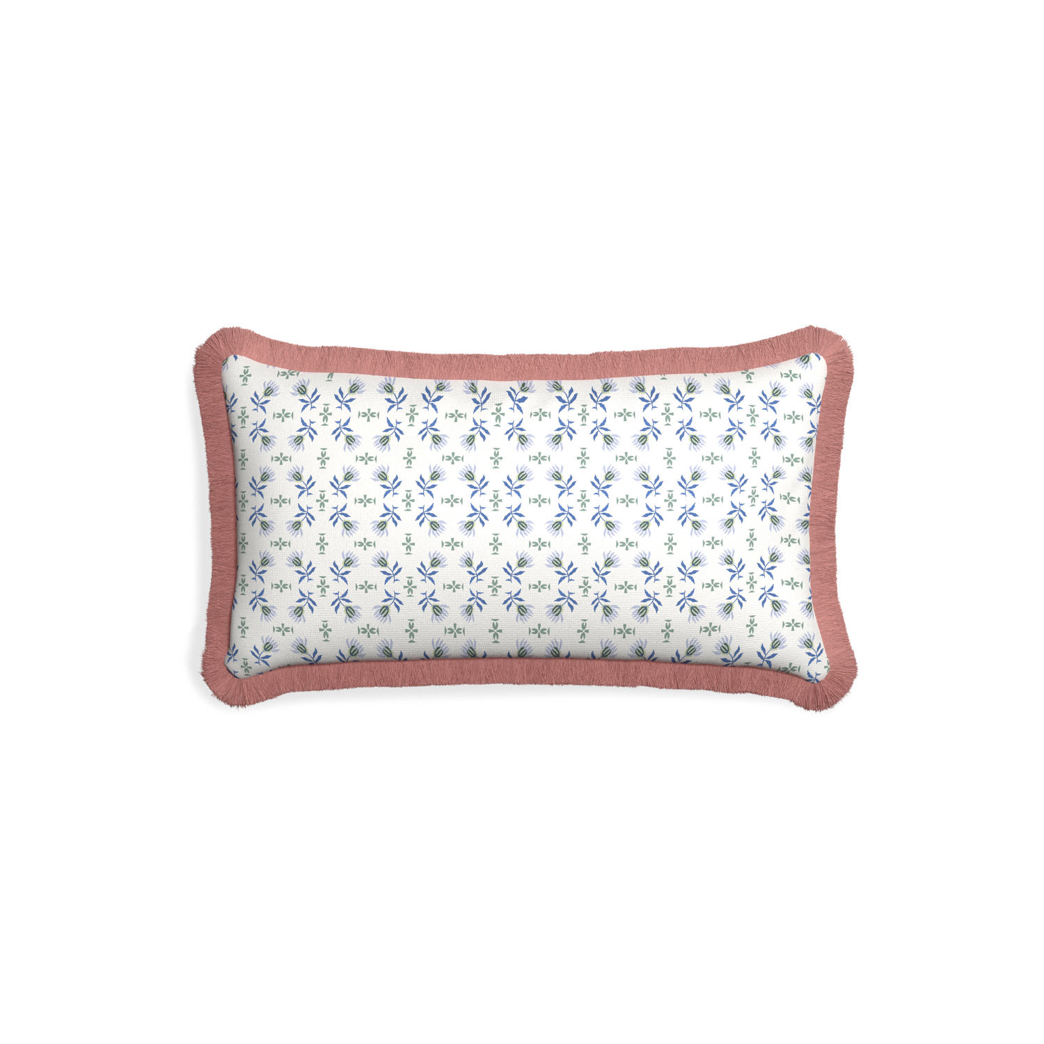 Petite-lumbar lee custom blue & green floralpillow with d fringe on white background