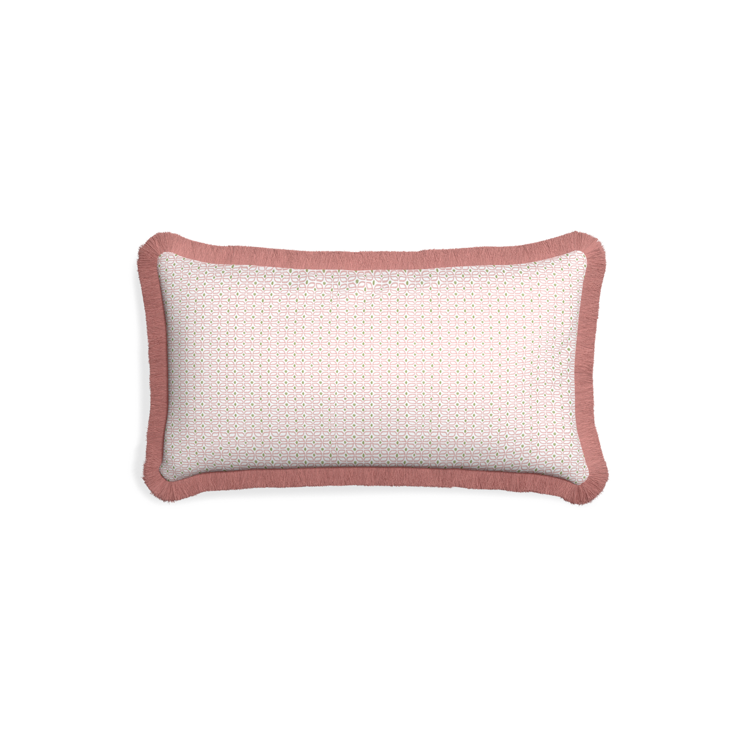 Petite-lumbar loomi pink custom pink geometricpillow with d fringe on white background