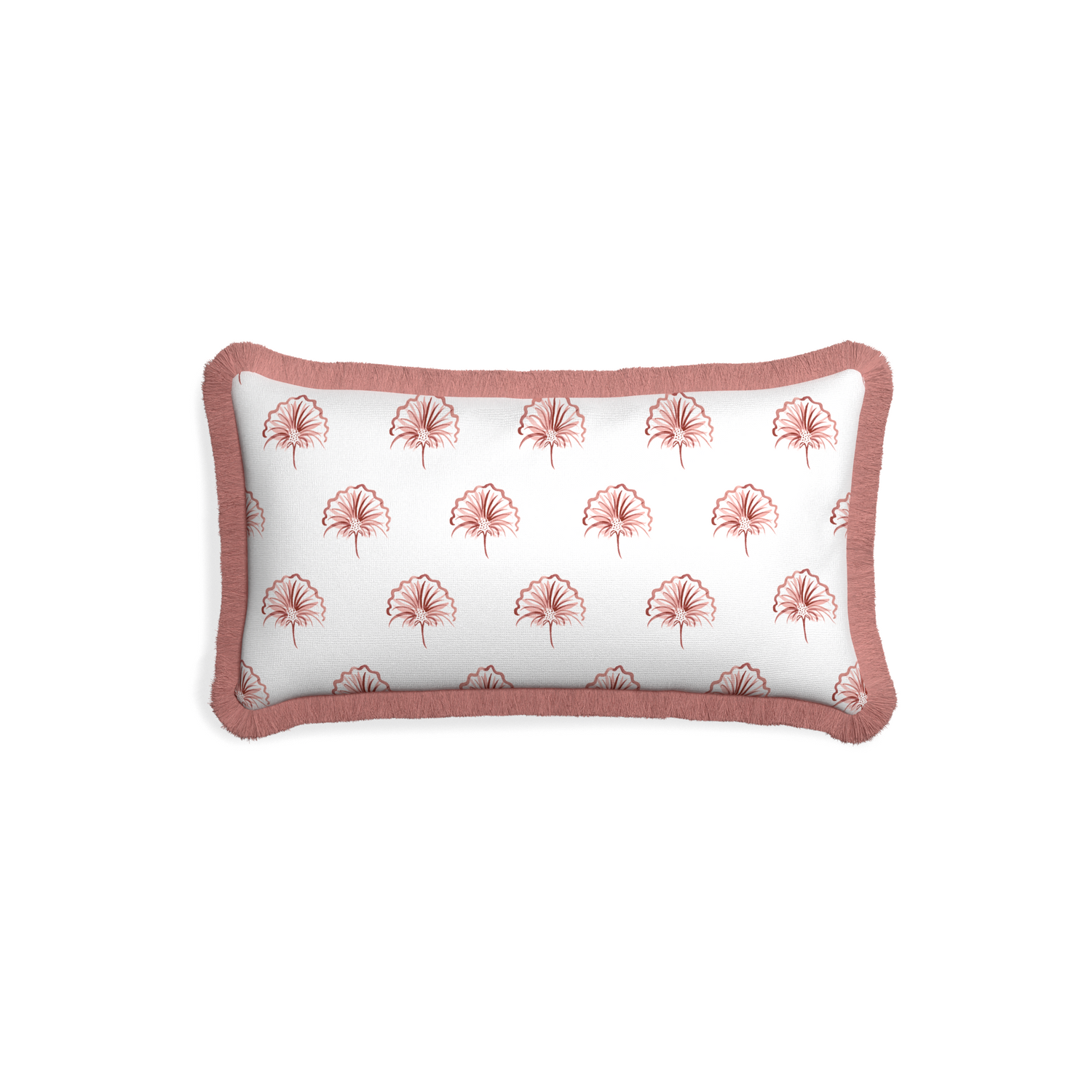 Petite-lumbar penelope rose custom floral pinkpillow with d fringe on white background
