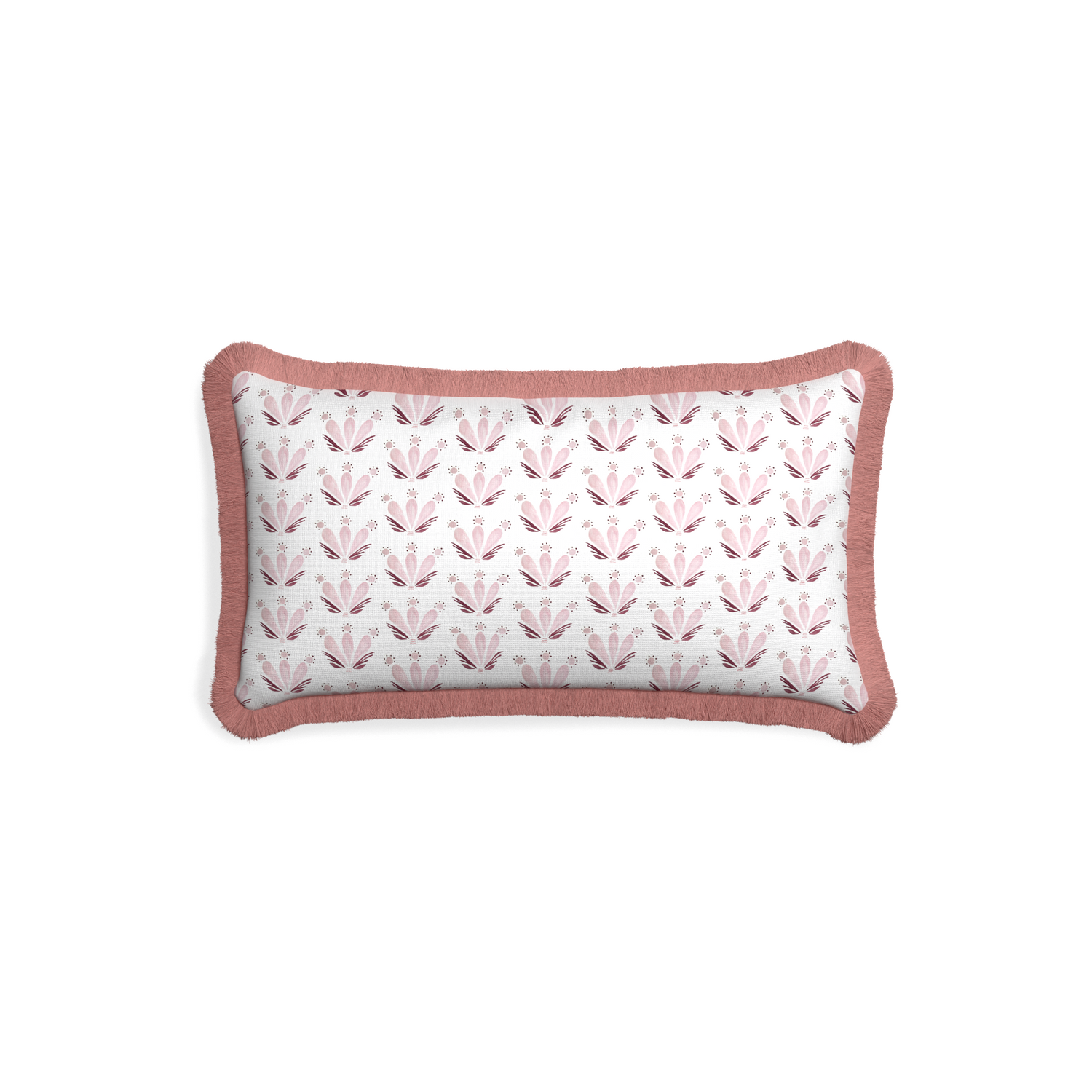 Petite-lumbar serena pink custom pink & burgundy drop repeat floralpillow with d fringe on white background