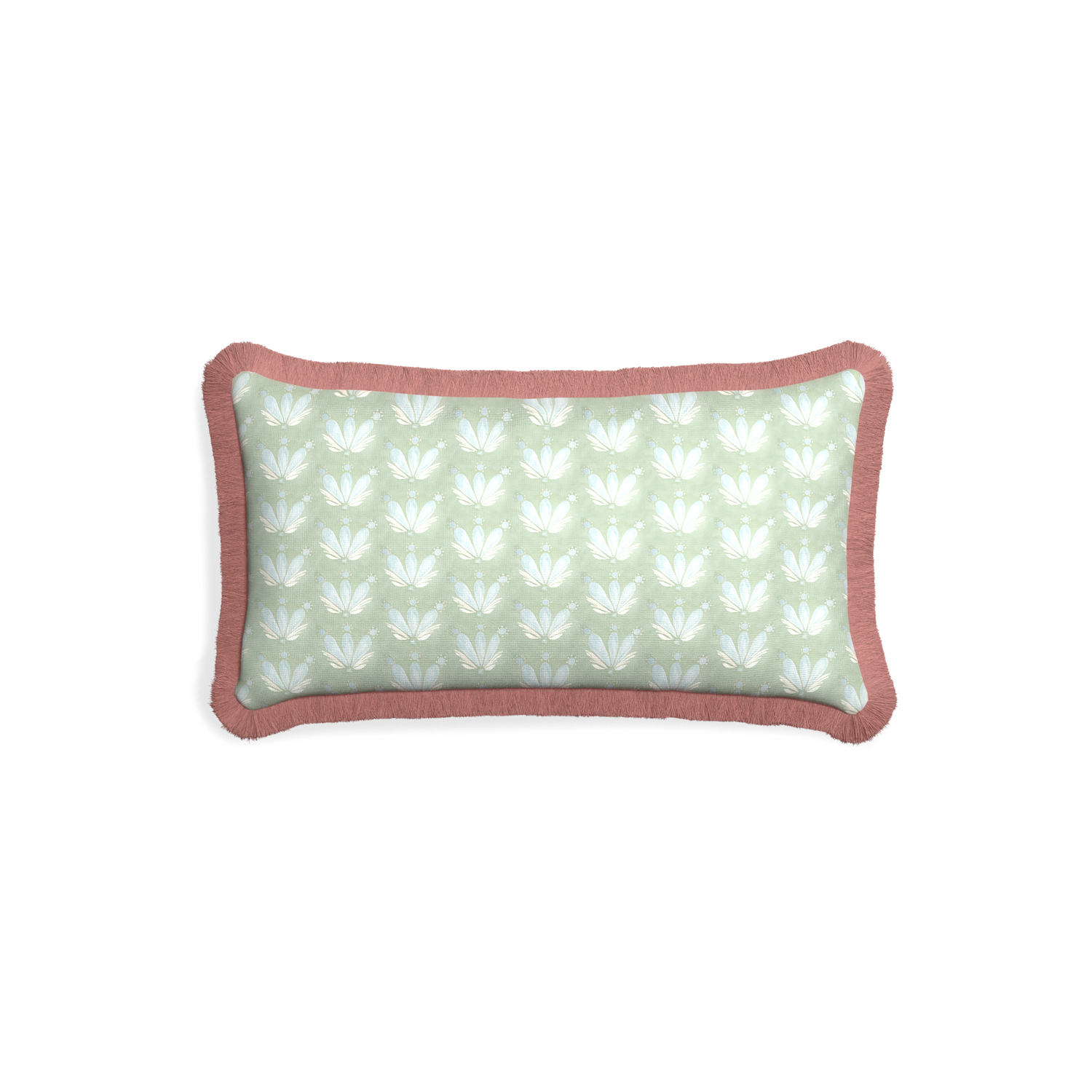 Petite-lumbar serena sea salt custom blue & green floral drop repeatpillow with d fringe on white background