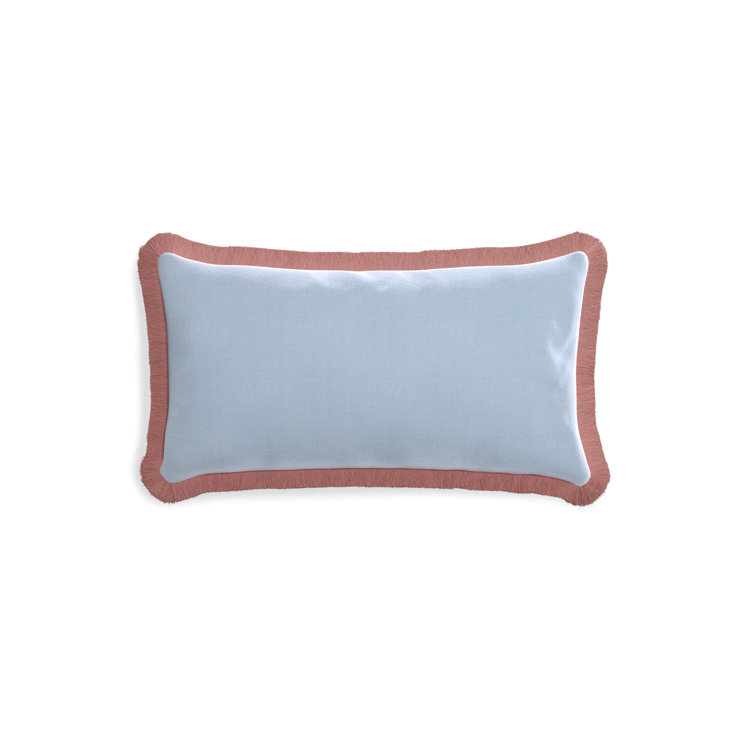 rectangle light blue velvet pillow with dusty rose fringe 