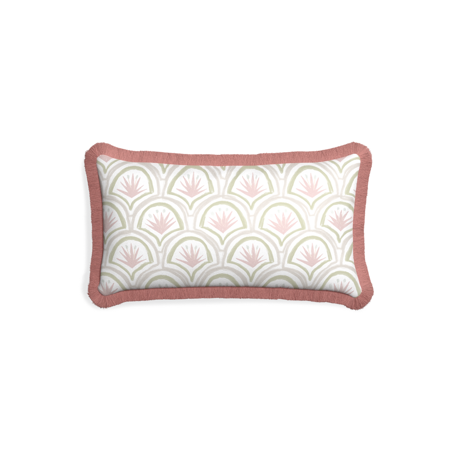 Petite-lumbar thatcher rose custom pink & green palmpillow with d fringe on white background