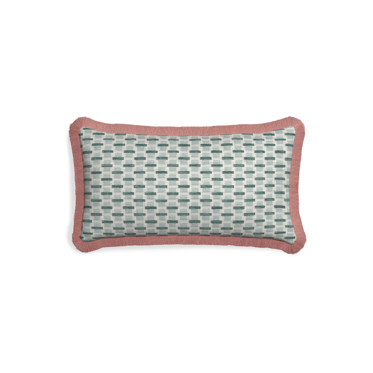 Petite-lumbar willow mint custom green geometric chenillepillow with d fringe on white background