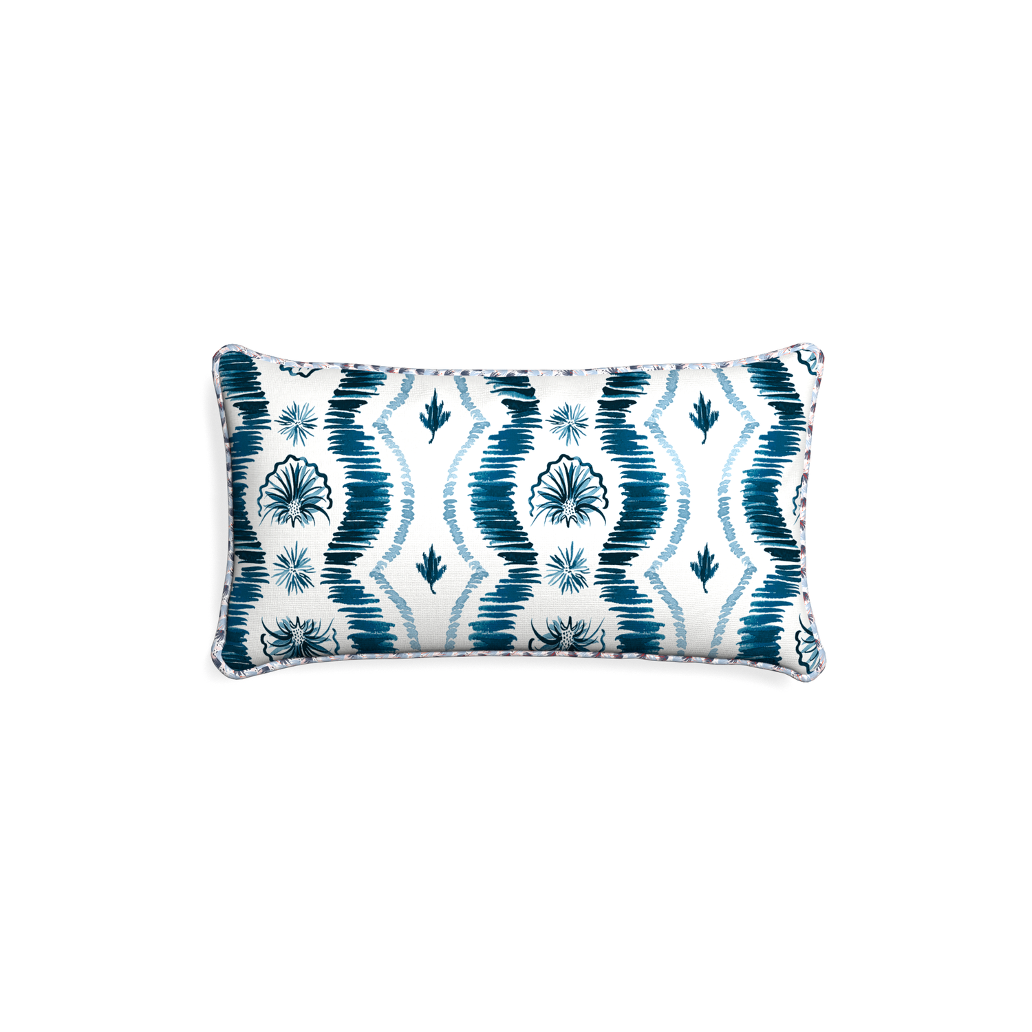 Petite-lumbar alice custom blue ikatpillow with e piping on white background